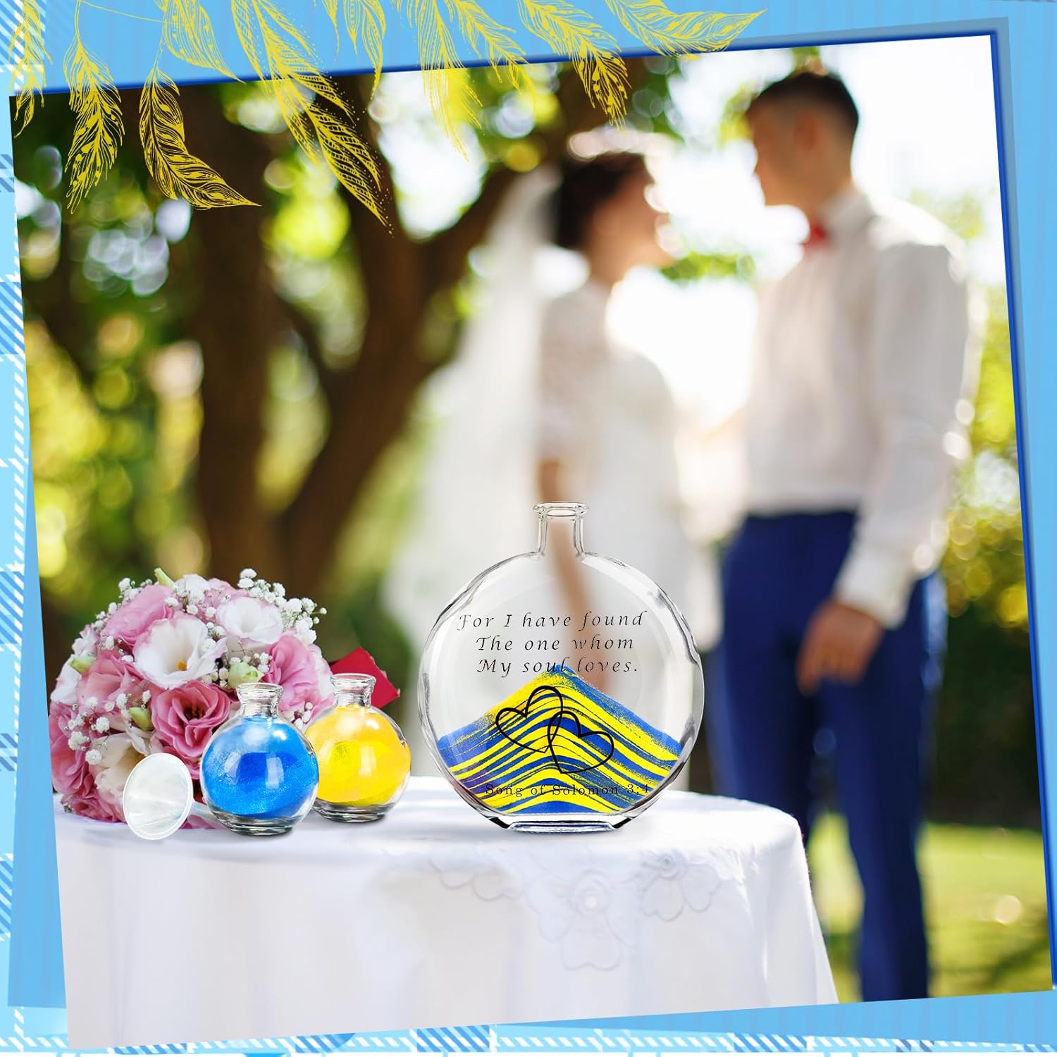 Irenare Unity Sand for Wedding Ceremony Set Include 3 Decorative Vase, Blue Yellow Sand, Cork Stopper Ceremony Kit for Weddings Centerpiece Engagement Keepsake Anniversary Memorial Bridal Show Party