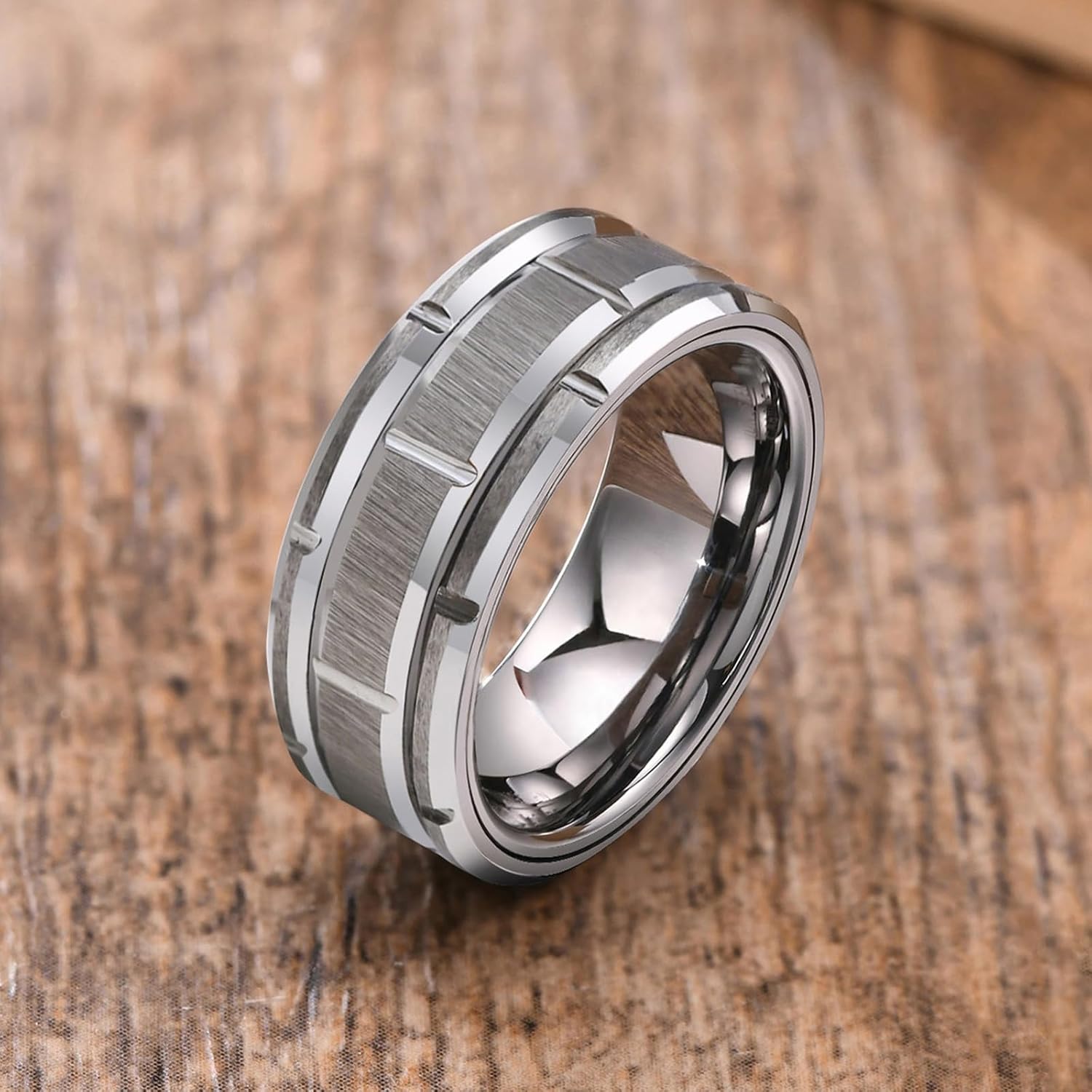 Mens Wedding Bands 8MM Silver/Black Titanium Men's Ring Brick Pattern Grooved Center Wedding Ring Engagement Band Matte Brushed Finish Polished Beveled Edge Comfort Fit Jewelry Gifts Size 6-13 - Image 3