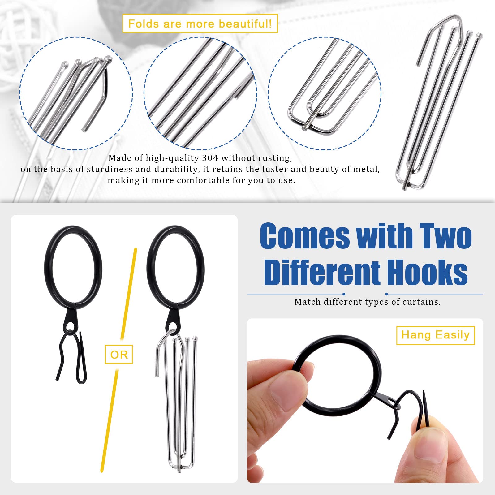 Glarks 120Pcs Black Metal Drapery Curtain Hanging Rings with Stainless Steel 4 Prongs Curtain Pleat Hooks and Pin Hooks for Window Door 30mm Internal Diameter - Image 4