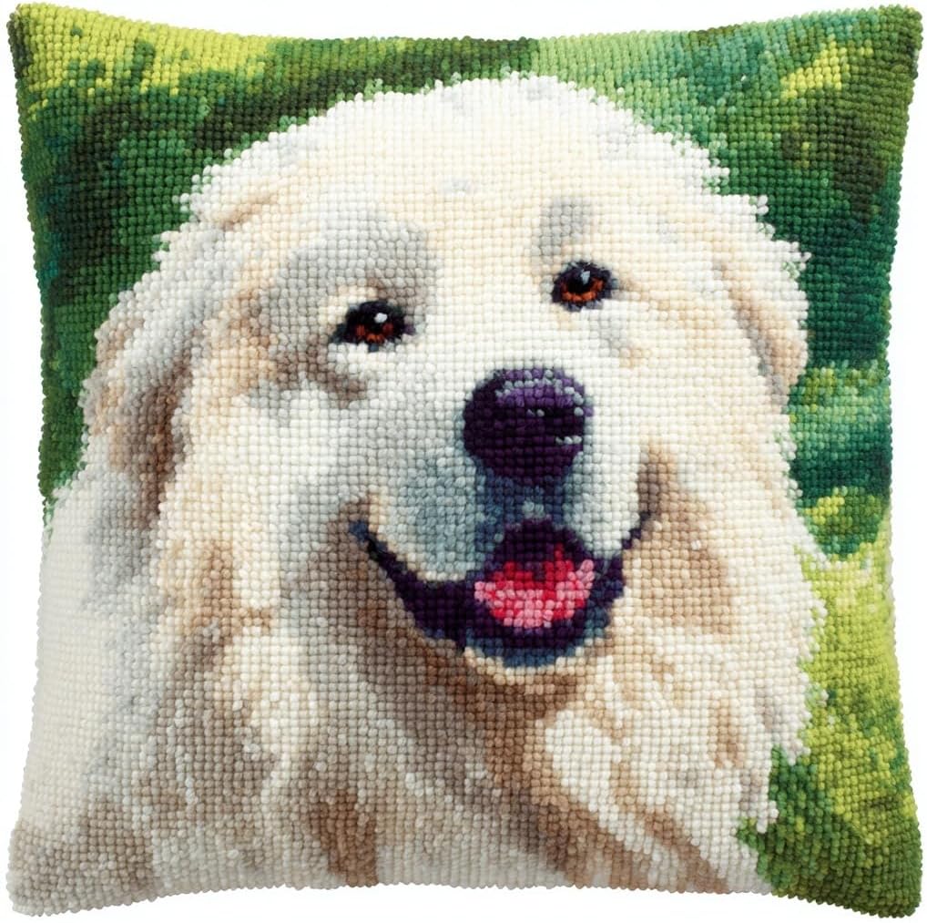 DIY Latch Hook Pillow Kit Cute Great Pyrenees Dog Face 43x43cm-4 | Hook and Latch Yarn Crochet Pillowcase with Pattern Canvas Cushion Easy for Beginners Adults Sofa Bedroom Decoration