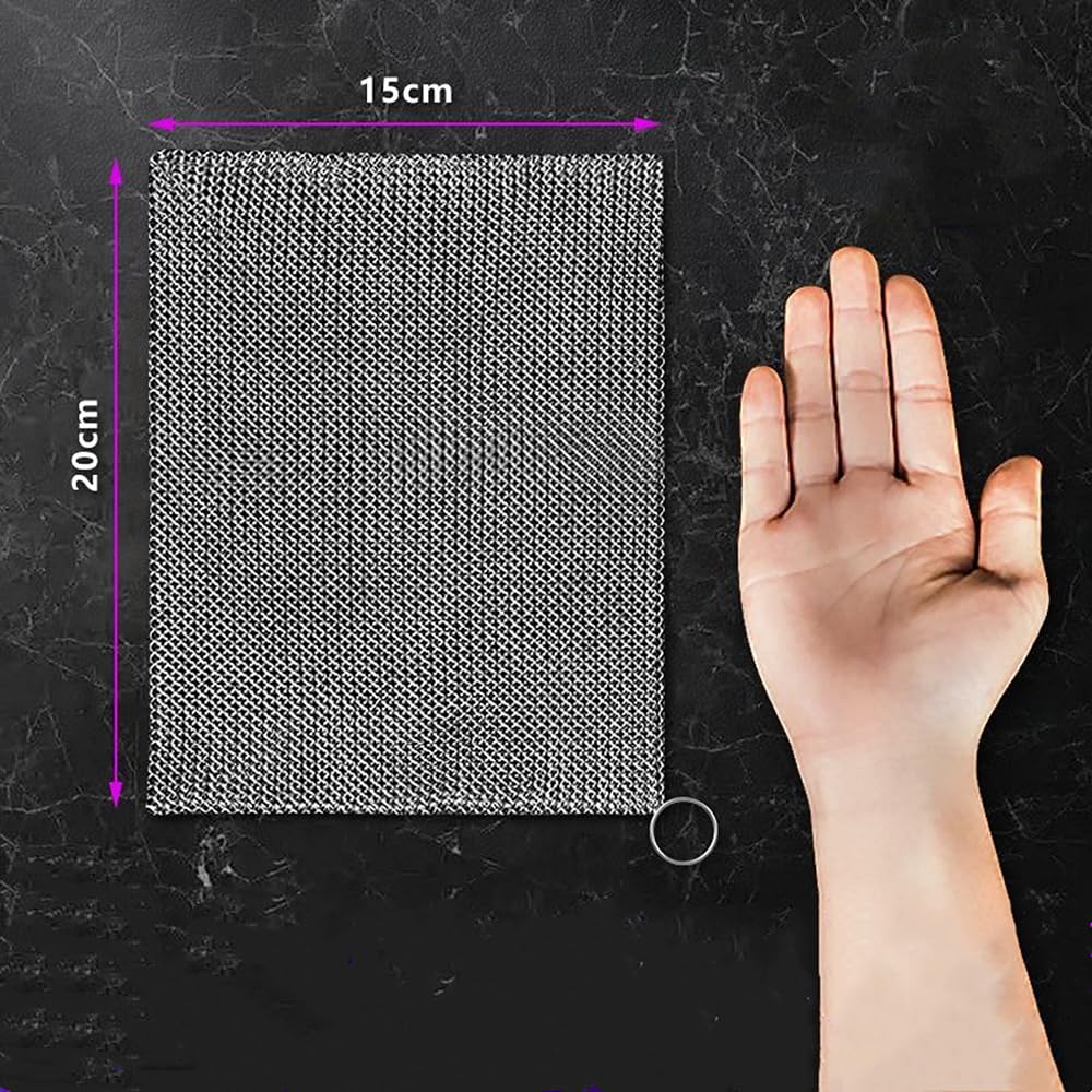 Pulitore Ghisa & Spazzola Maglia di Catena - Aggiornata 3,8 mm Anelli Fini 316L - Per Padelle & Contenitori; Rete Flessibile per DIY (8''x6'')