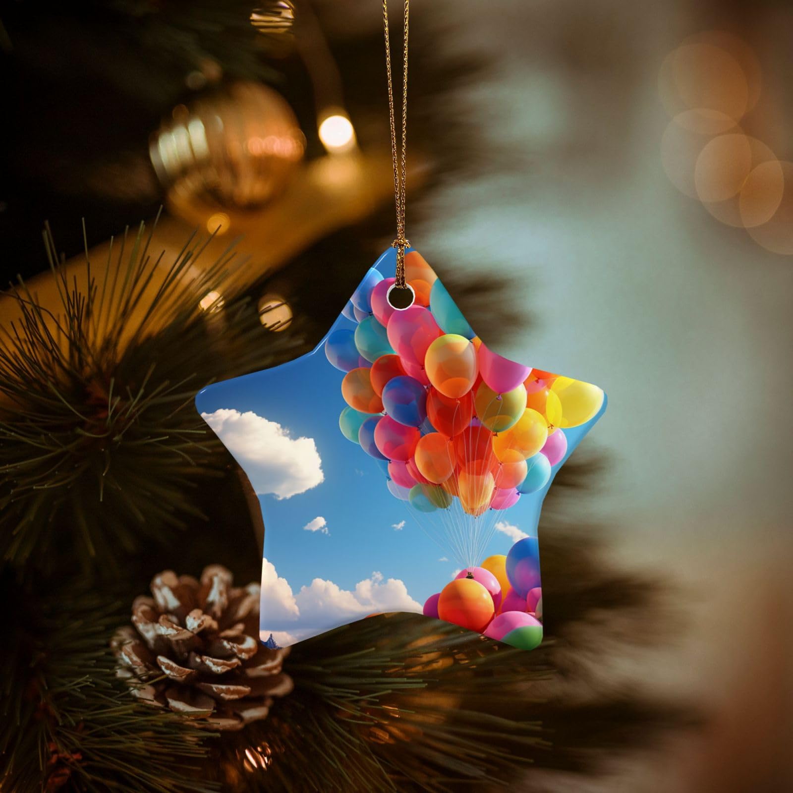 Christmas Ornaments for Christmas Tree Decoration Hanging Colorful Balloon Ornament with Gold Ribbon Crafts Star Shape Ceramic Pendant for Keepsake Gifts Xmas Decor Party Supplies