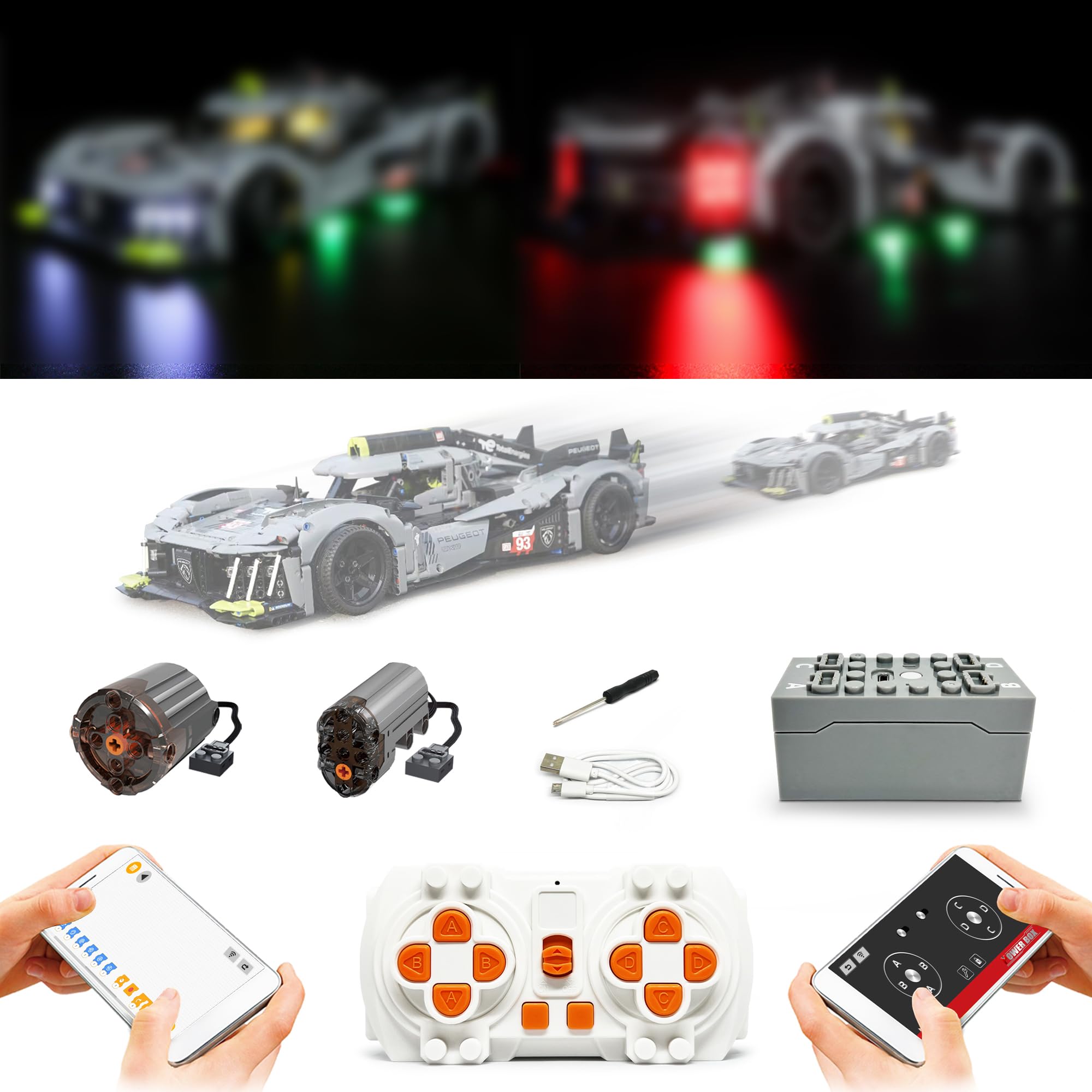 Power Function Motor Light Set for Lego 42156 Technic PEUGEOT 9X8 24H Le Mans Hybrid Hypercar(Not Included Model)