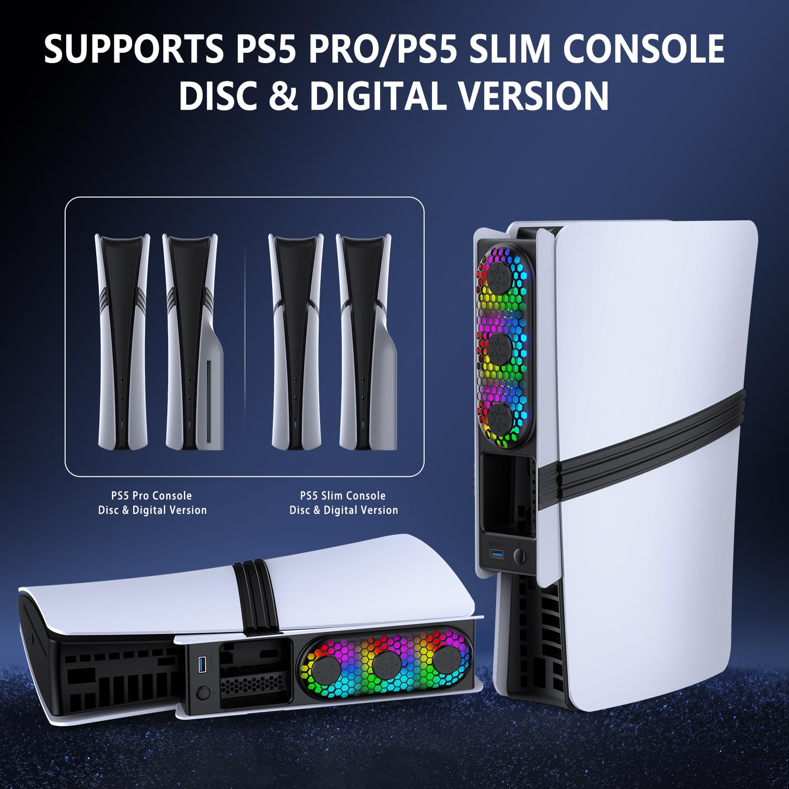 Ventilateur de refroidissement pour PS5 Pro/PS5 Slim, Refroidissement haute vitesse avec contrôle automatique de la température, faible bruit, éclairage RVB et port USB 3.0 pour les