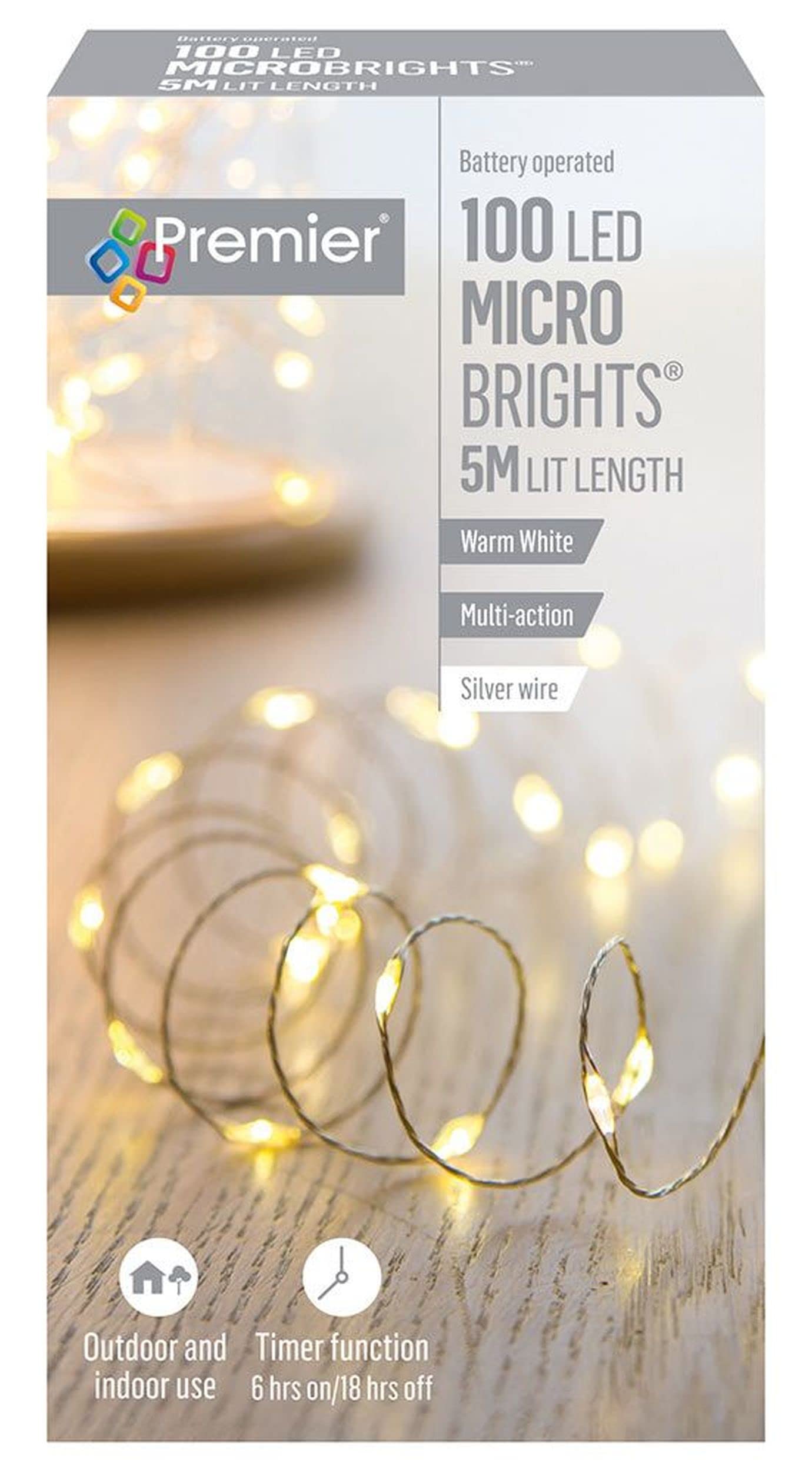 Premier Multicoloured 5M 100 Multi Action Pin Wire Battery Led Lights With Timer In Warm White