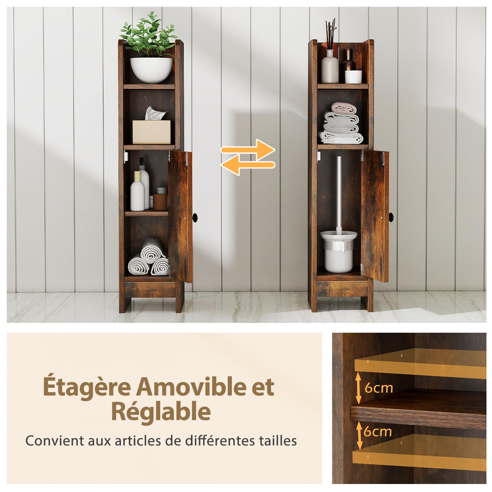 COSTWAY Meuble de Salle de Bain, Armoire d'angle pour Papier Toilette avec Porte et Étagère Réglable, Meuble de Rangement Étroit avec Compartiment Ouverte, 20 x 18 x 80 cm (Marron Rustique)