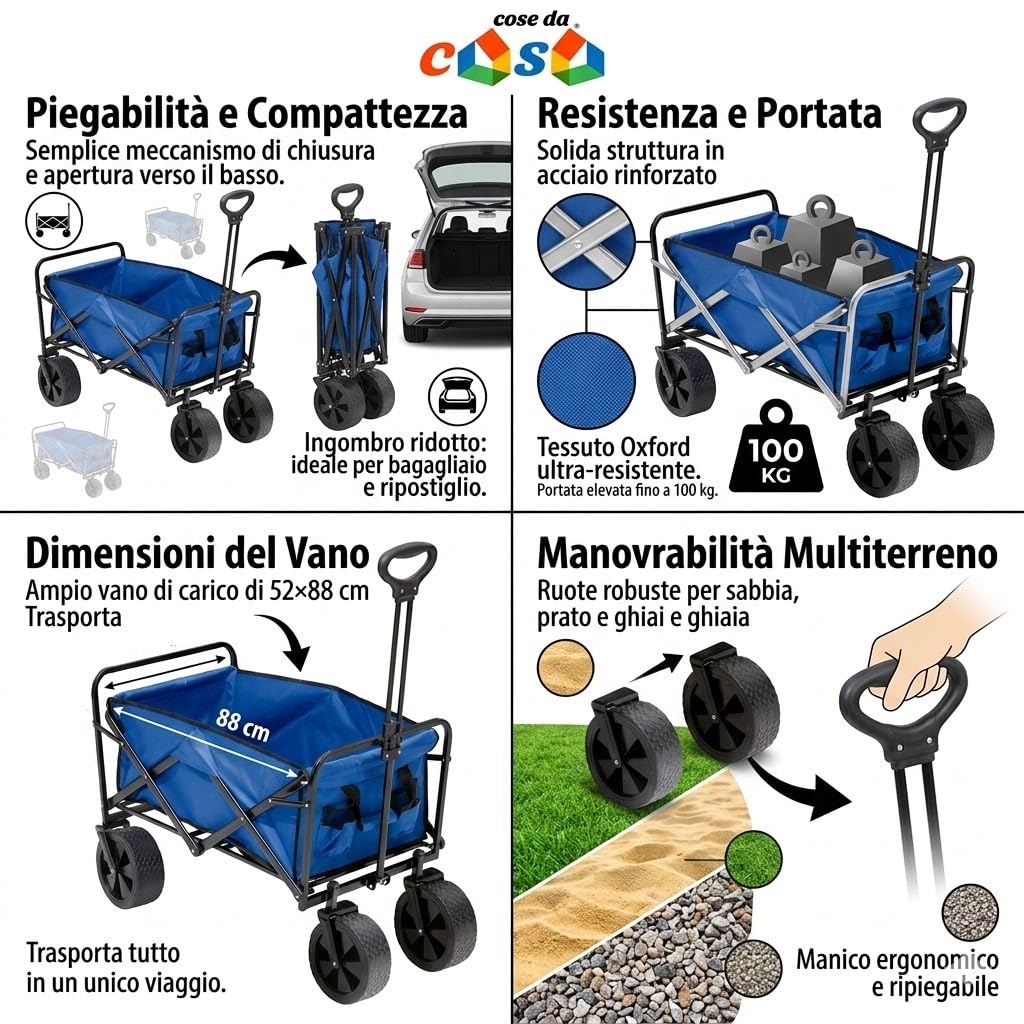 Carrello trasporto cose Pieghevole Multiuso da Giardino e Spiaggia Portata 100kg 4 ruote Struttura richiudibile in Acciaio e Tessuto Oxford blu Tempo Libero carriola vano cm 52x 88