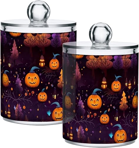 Miniatura 1 de Dispensador de calabazas de dibujos animados de Halloween, paquete de 2 tarros de boticario con tapas, recipientes de almacenamiento transparentes