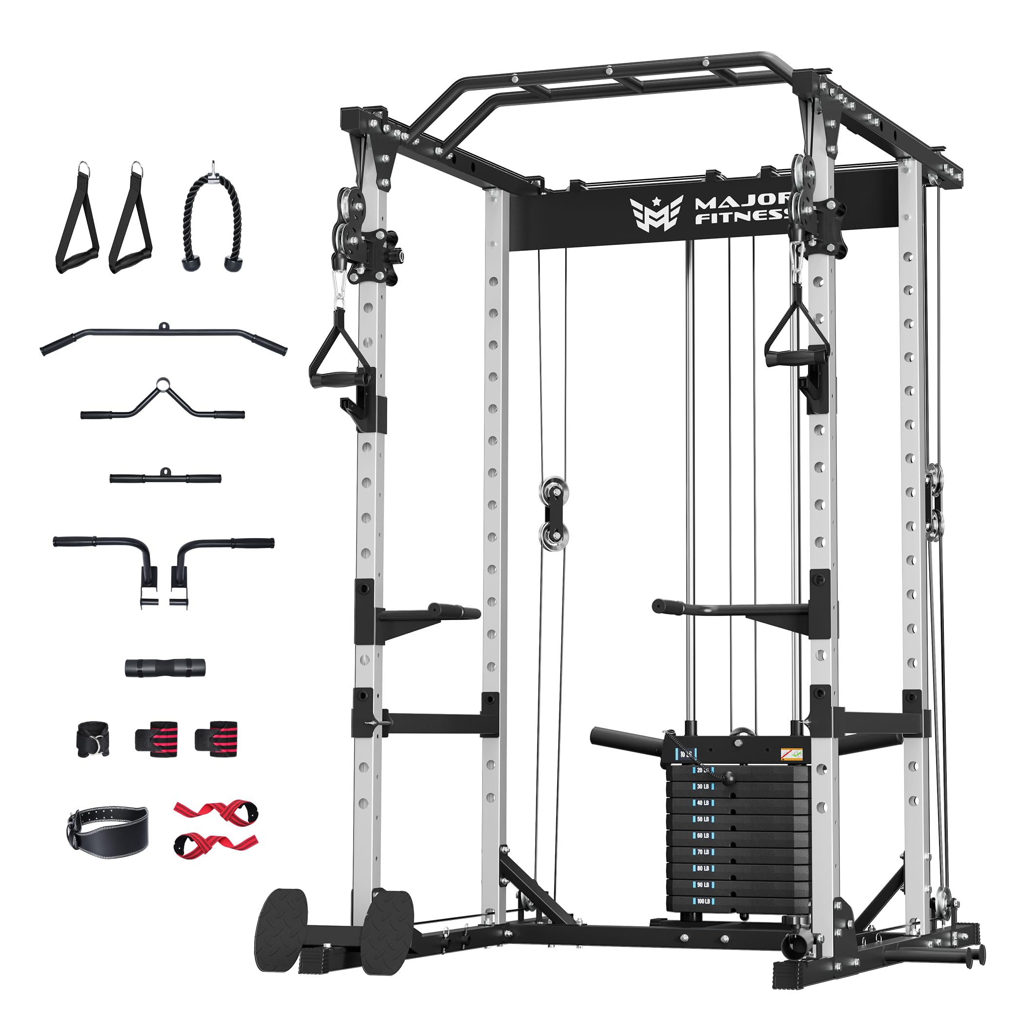 MAJOR FITNESS Power Cage Drone1 Premium- Multi-Function Power Rack for Home Gym, Squat Rack with Pull-up Bar, Cable Crossover System, J-Hooks, for Strength Training, Heavy-Duty Steel Construction