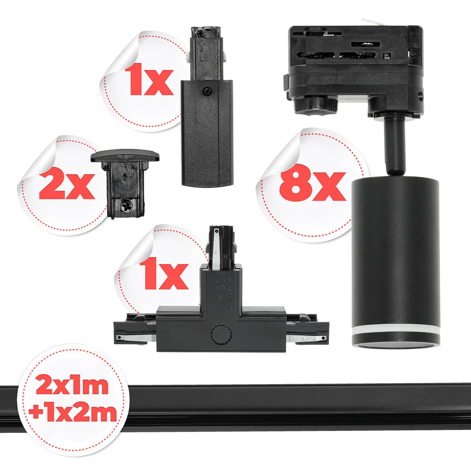 NEXTRACK 3-Phasen-Schienen-Set Komplett-Set 8x GU10 Lampe 1m+1m+2m T-Verbinder Schwarz