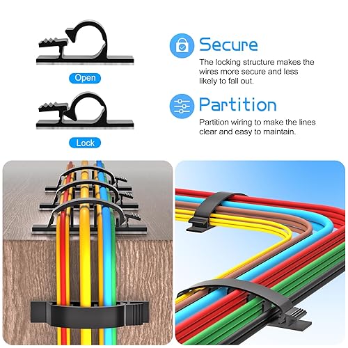 Miniatura 4 de XHF Juego de 30 clips adhesivos para cables negros, organizador de cables para exteriores, organizador de cables para debajo del escritorio,