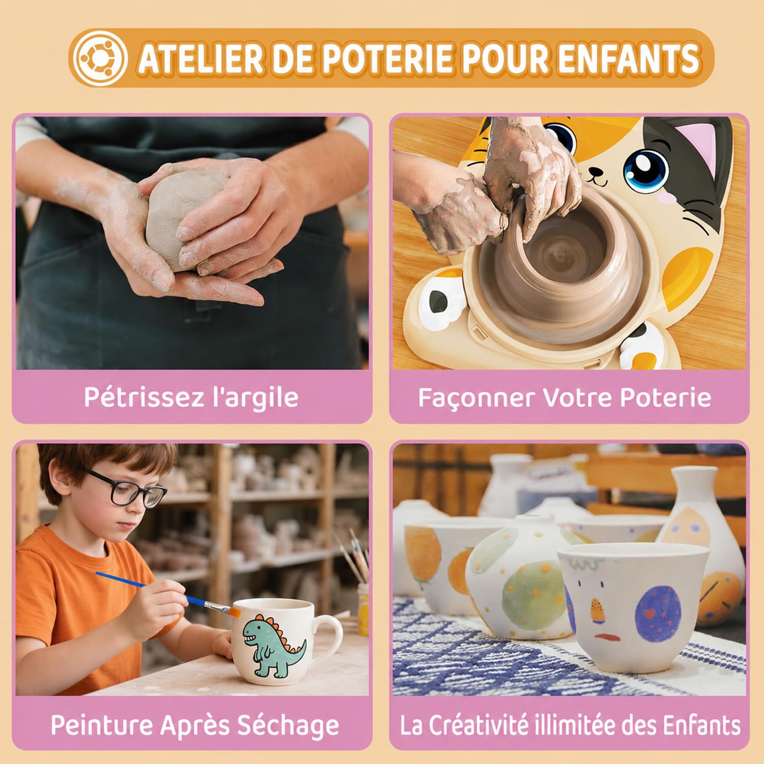 Kit Poterie Enfant - Jouet Tour de Potier Électrique - Atelier de Poterie Complet pour Débutants 6+ Ans avec 3 x Argile Auto Séchante – Activité Manuelle Enfant Cadeau pour Garçons/Filles (Motif Chat)