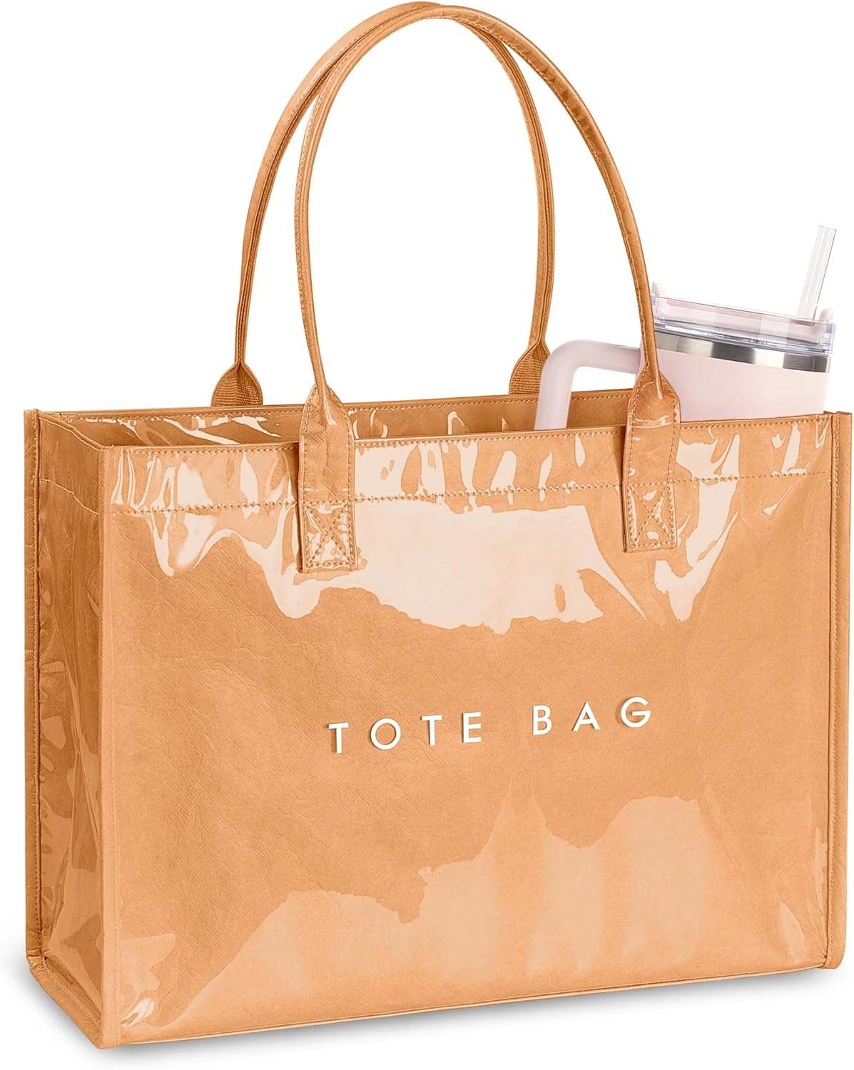 Large PVC Tote Bag for Women, Kraft Paper Handbag Beach Tote with Letter Print, Top Handle Purse for Work Travel Shopping