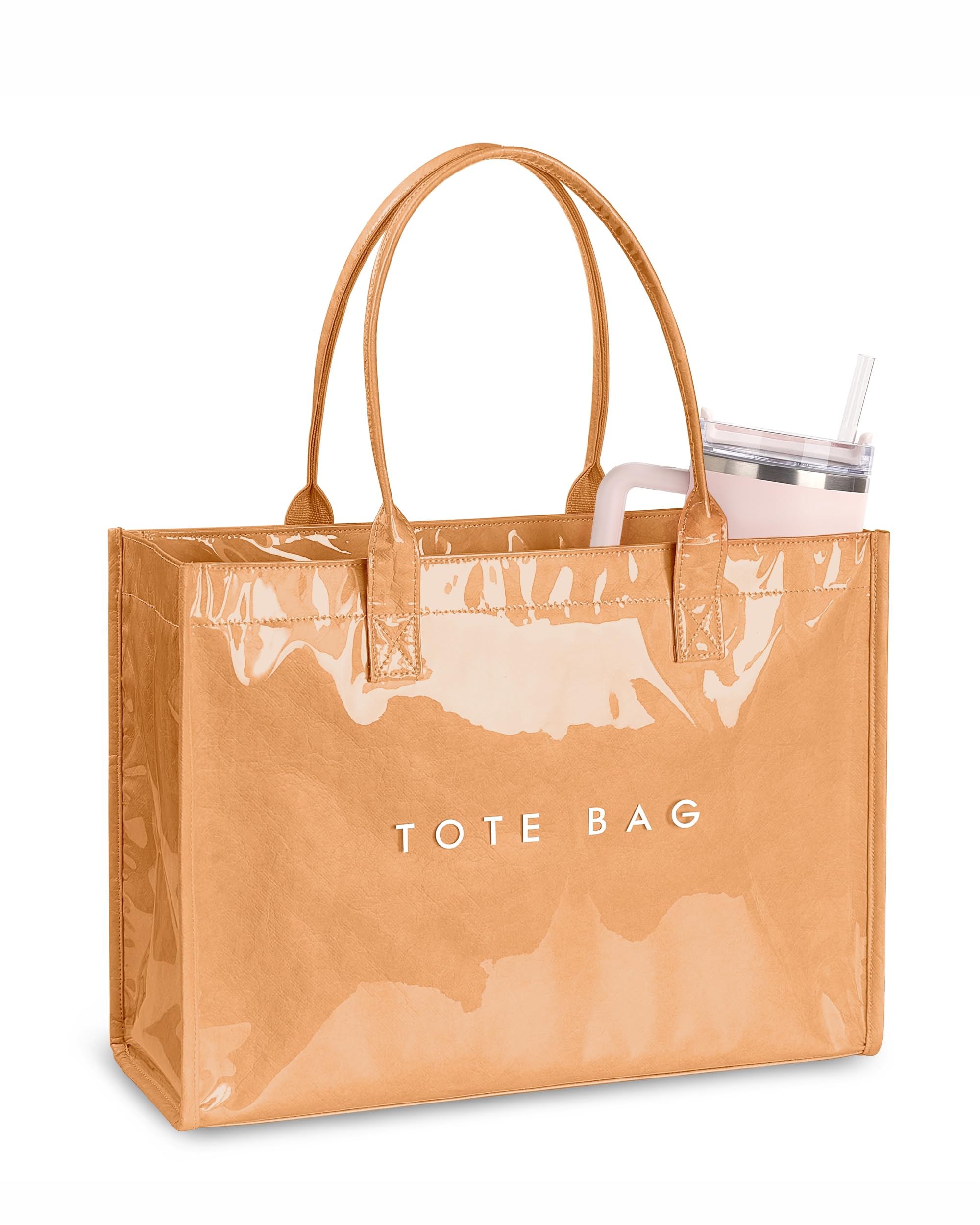 Large PVC Tote Bag for Women Kraft Paper Handbag Beach Tote with Letter Print Top Handle Purse for