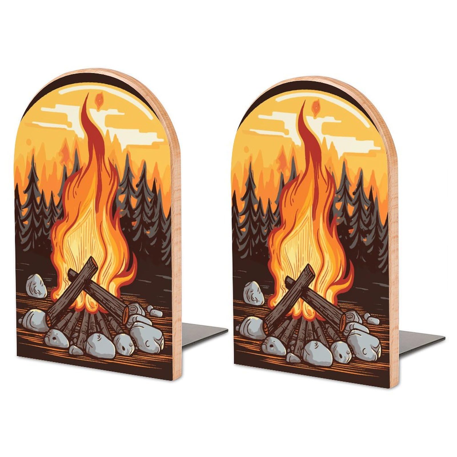 Serre-livres feu de camp en hêtre et métal pour organisation de bureau