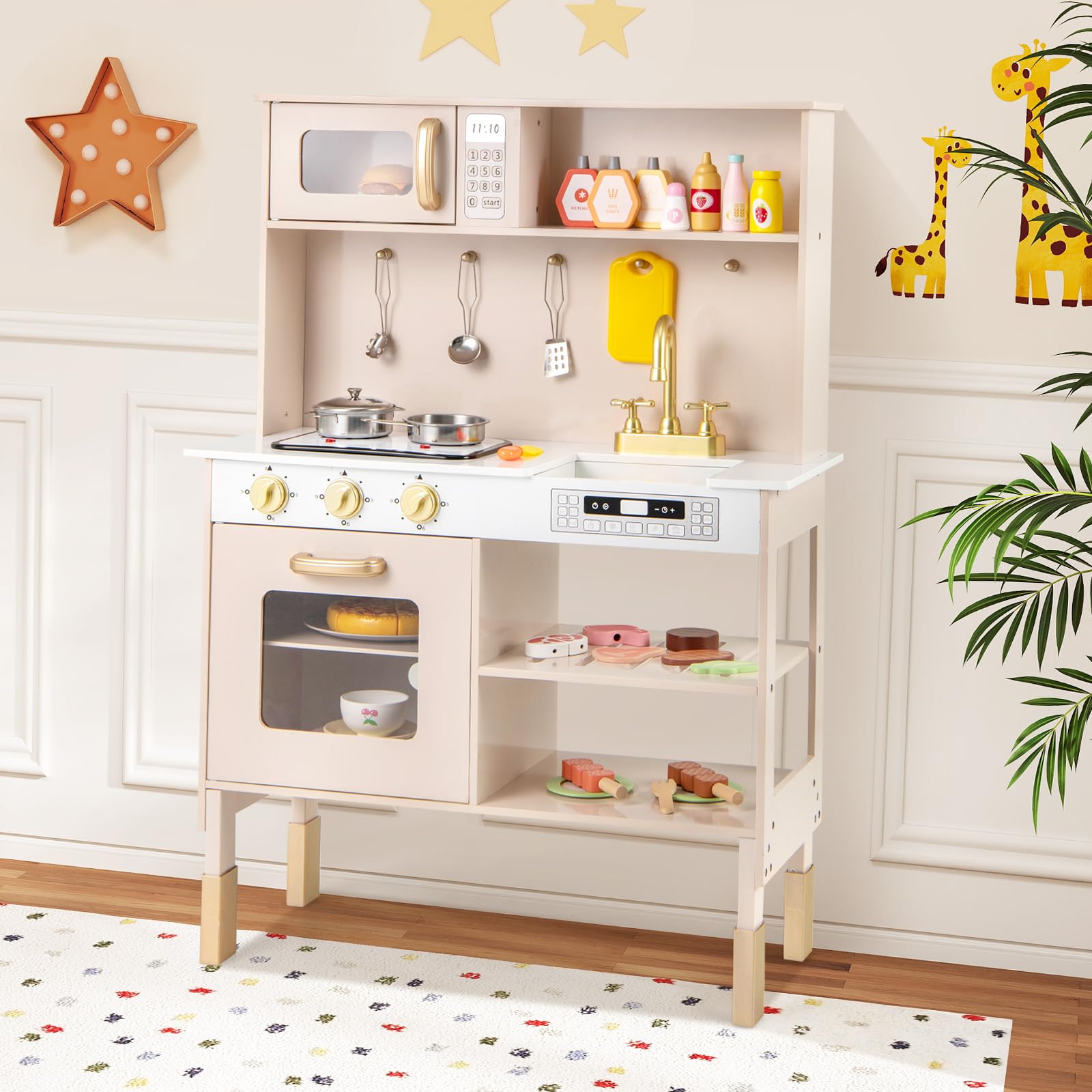 DREAMADE Kinderküche aus Holz, Spielküche mit Geräuschen & Lichtern, höhenverstellbare Holzküche mit Ofen, Mikrowelle, Herdplatte, Spüle & Zubehör, Spielzeugküche mit Stauraum für Kinder ab 3 Jahren