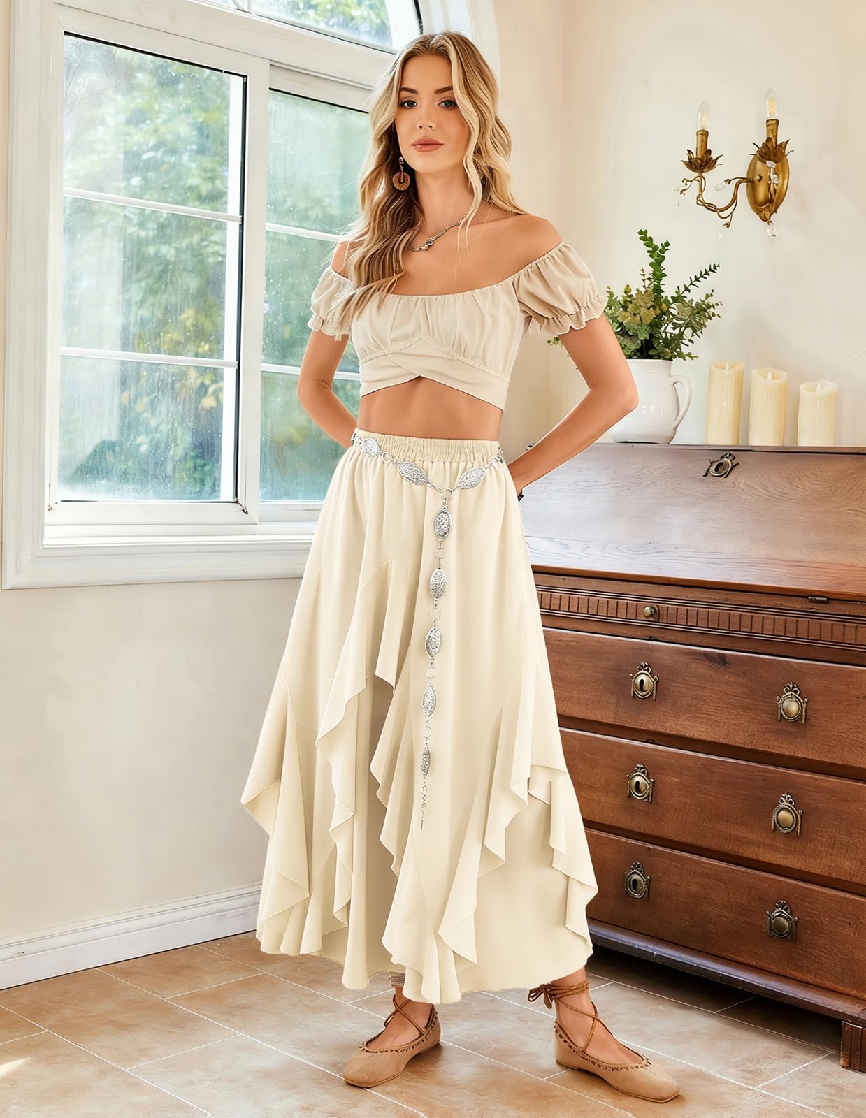 Scarlet Darkness Gonna lunga da donna con volant, fluida, rinascimentale, maxi