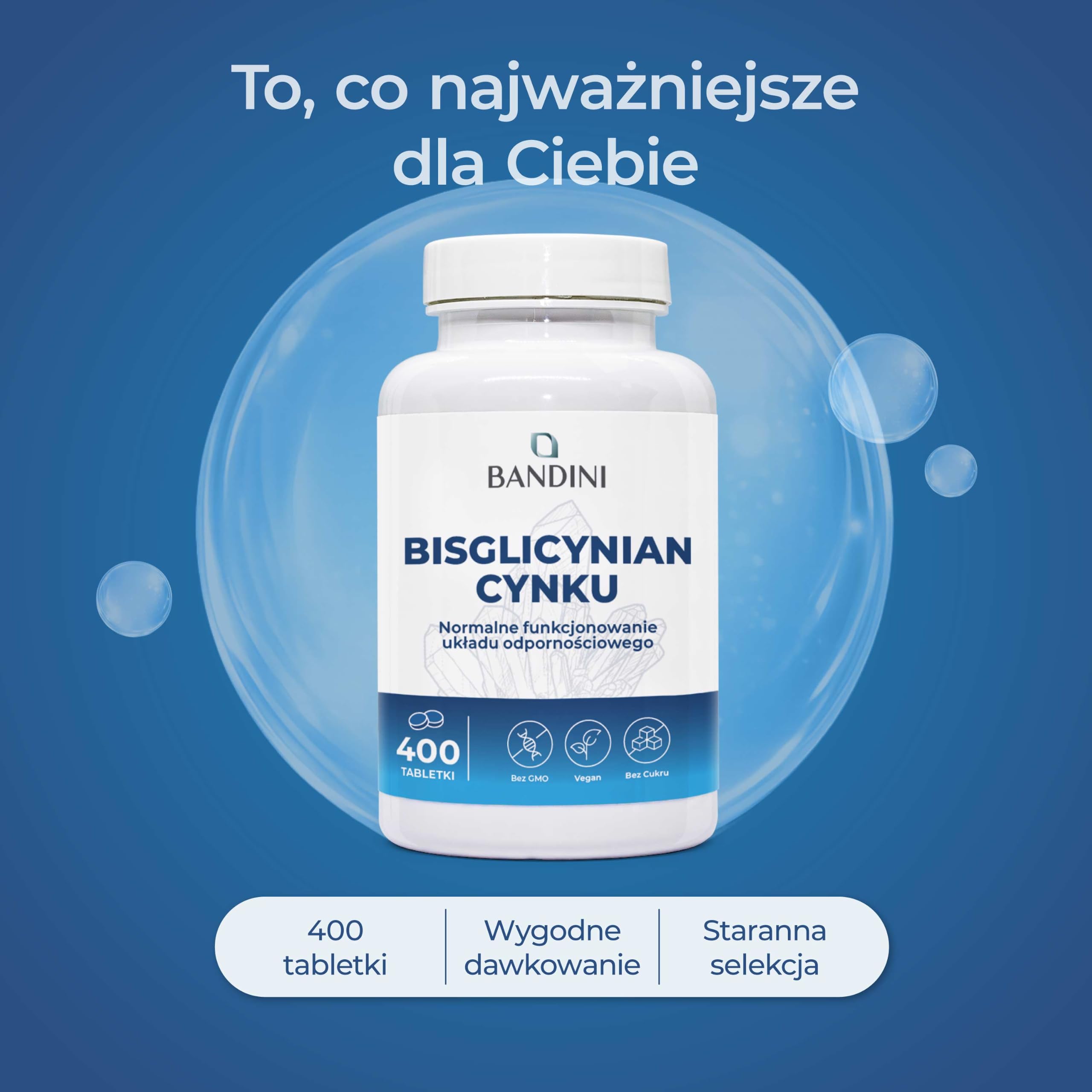 Bandini® Zinc Bisglycinate 400 tabletek (zapas na 13 miesięcy), wysokodawkowy wegański suplement diety, czysty cynk dla skóry, włosów, paznokci, wzroku i układu odpornościowego, wysoce przyswajalny