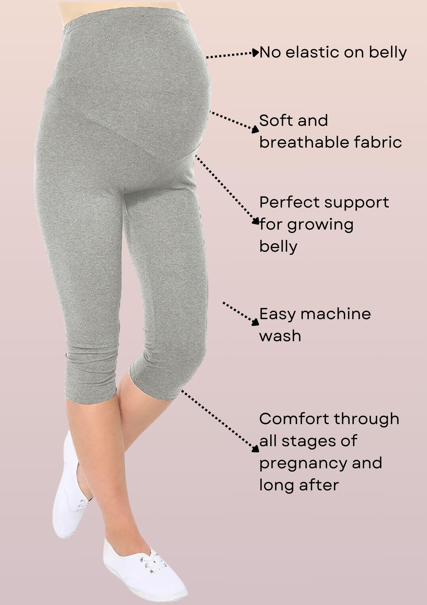 Litelooks Women's Cotton Lycra Over Belly 3/4 Capri Maternity Leggings - Comfortable, Seam-Free, High Waist Support, Stretchable Pregnancy Pants for Pre & Post Pregnancy (in, Alpha, 3XL, BLK - Gry) - Image 4 thumbnail