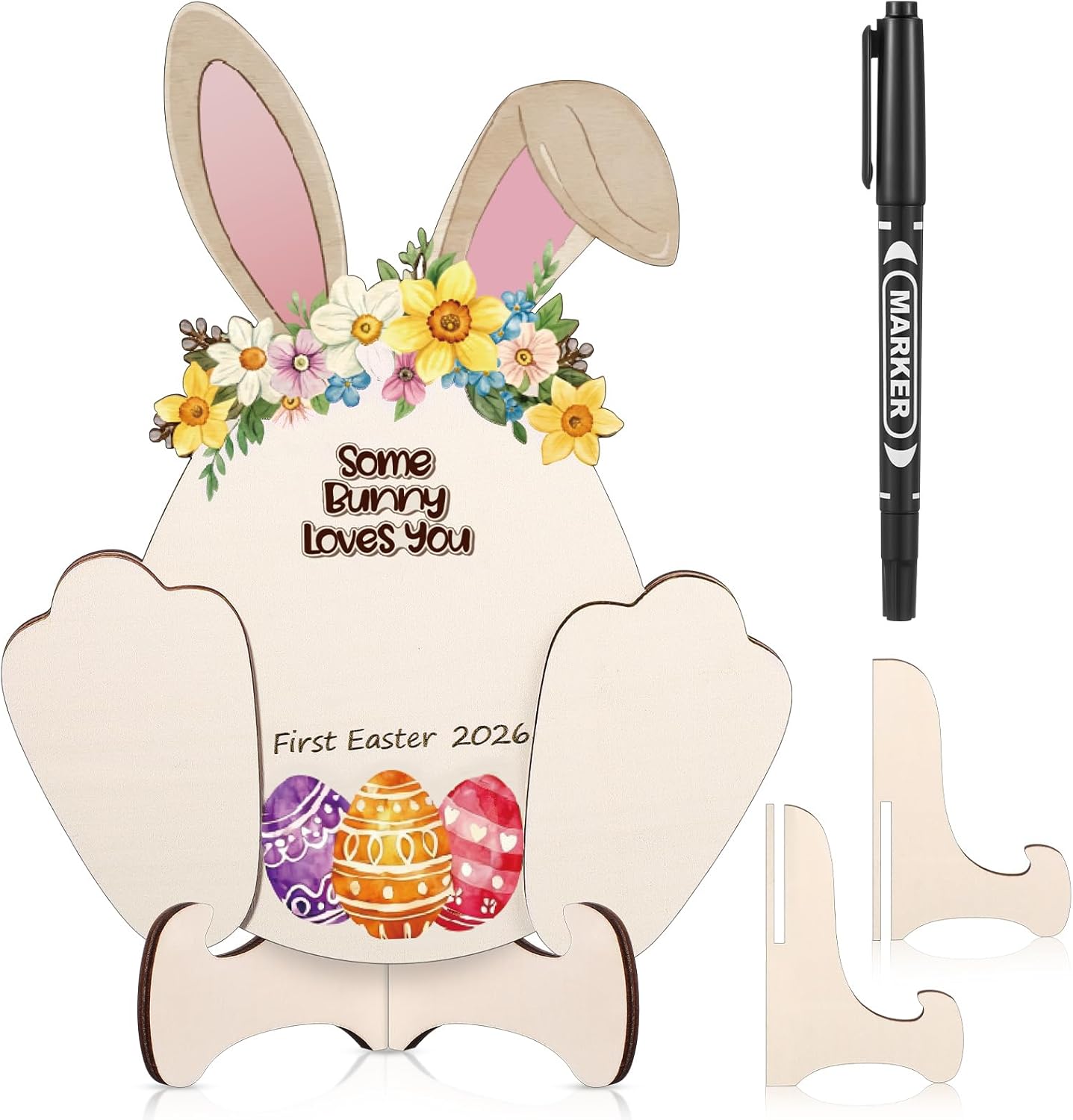 Novabright Baby's First Easter DIY Footprint Sign Wooden Milestone Card Keepsake 3D Bunny Pink Handprint Art Sign with Marker Pen Rabbit Decor Gift for Newborn Baby Shower New Parents