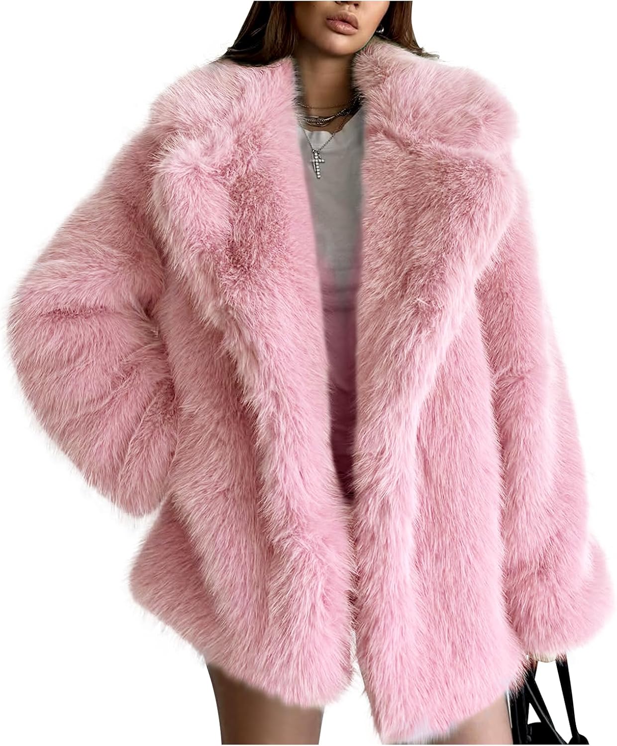 Kissonic Women's Long Faux Fur Coat Lapel Shaggy Winter Jacket Luxury Warm Furry Open Front Outerwear