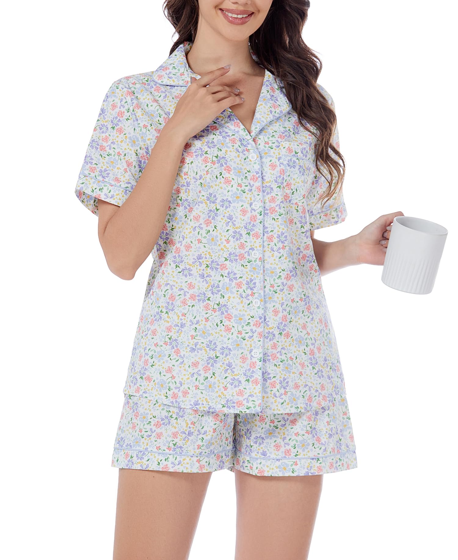 LUBOT 100% Cotton Pajamas for Women 2 Piece PJ Set Poplin Woven Lightweight Ladies Button Short Sleeve Sleepwear S-XXL