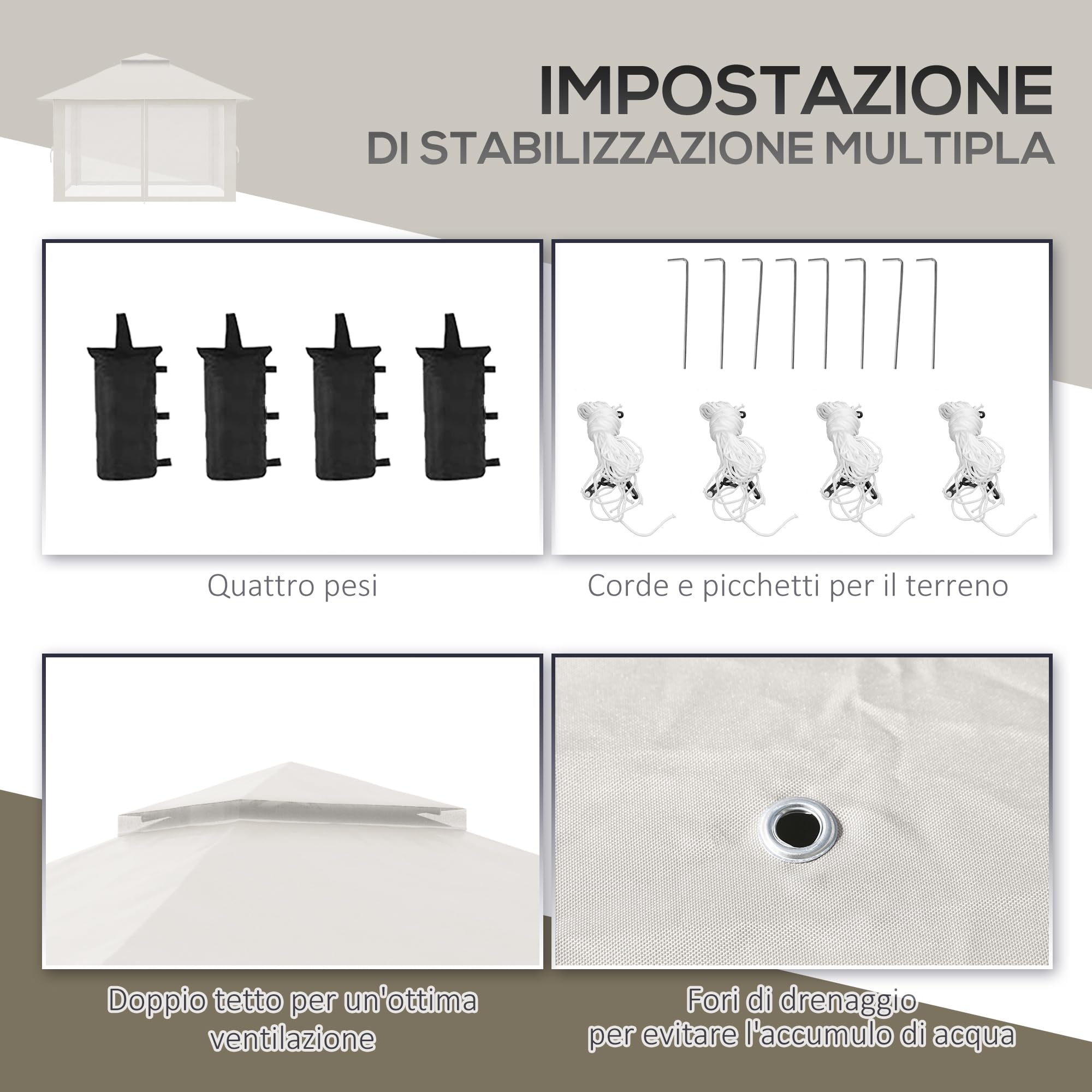 Outsunny Gazebo Pieghevole Pop Up 4x4 m ad Altezza Regolabile a 3 Livelli, Gazebo Esterno con Zanzariera, Sacchi di Sabbia, Borsa da Trasporto, UV50+, per Giardino Campeggio Feste, Crema