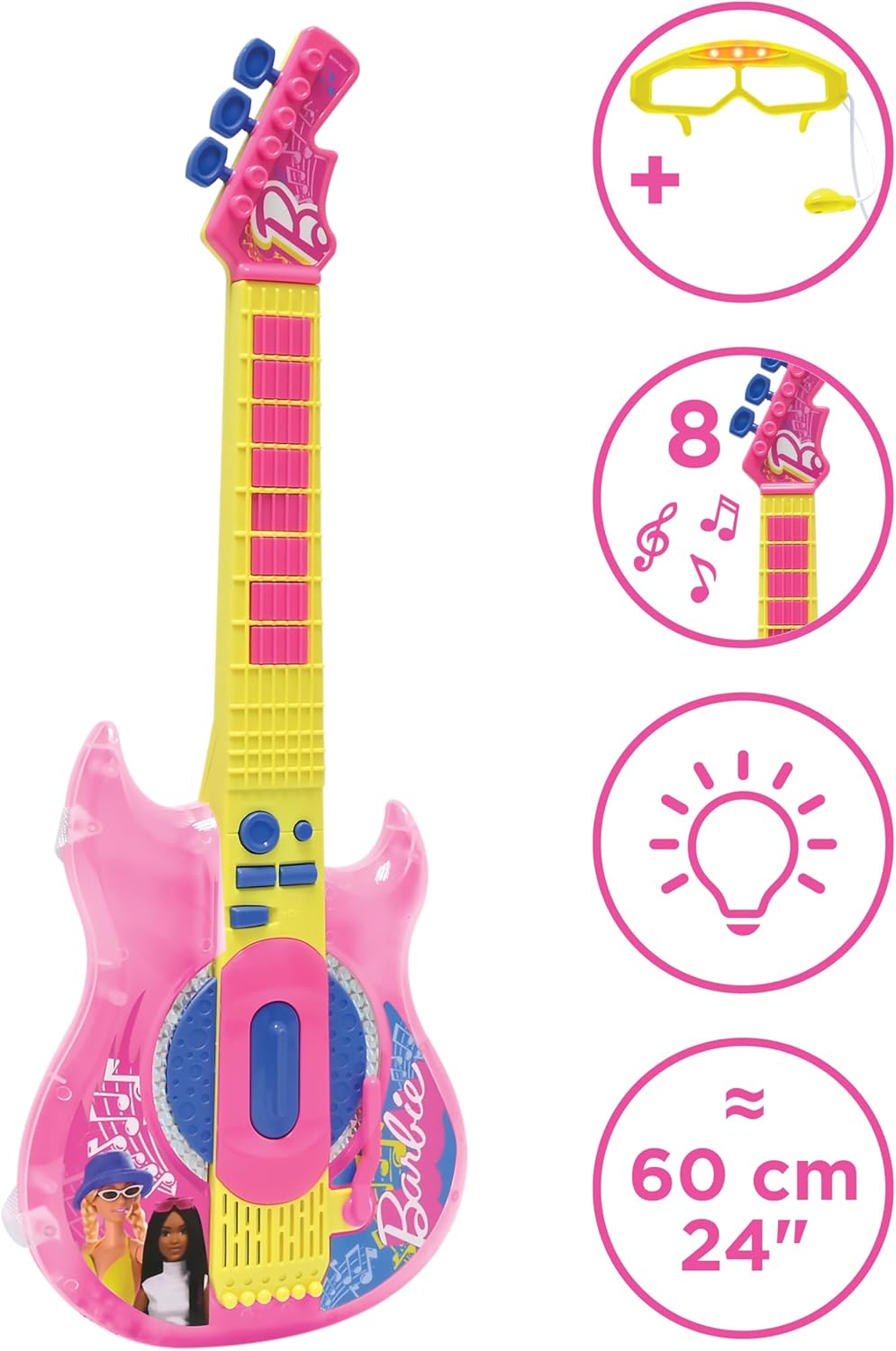Lexibook, Barbie, Electronic Guitar with Microphone and Glasses to Sing with Style, 2 Play Modes, Demo Melodies, Light Effects, Pink/Yellow, K260BB
