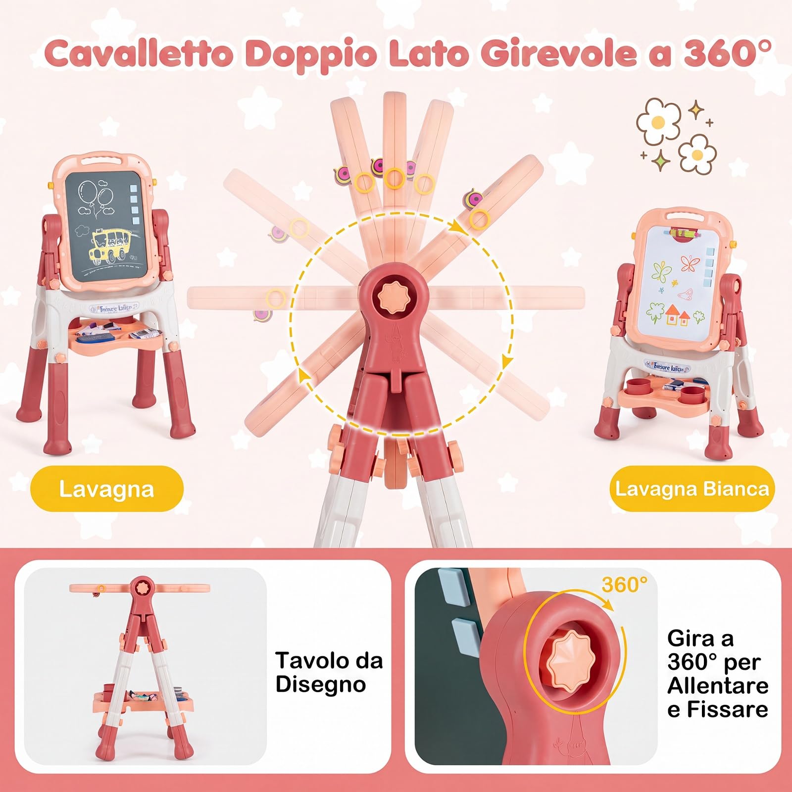 COSTWAY Cavalletto per Bambini, Lavagna Magnetica a Doppia Faccia (Rosa) | 4 in 1 Cavalletto da Disegno Girevole a 360°con Altezza Regolabile, Manico Portatile, 2 Tazze, Gessetti e Pennarelli, 3+ Anni