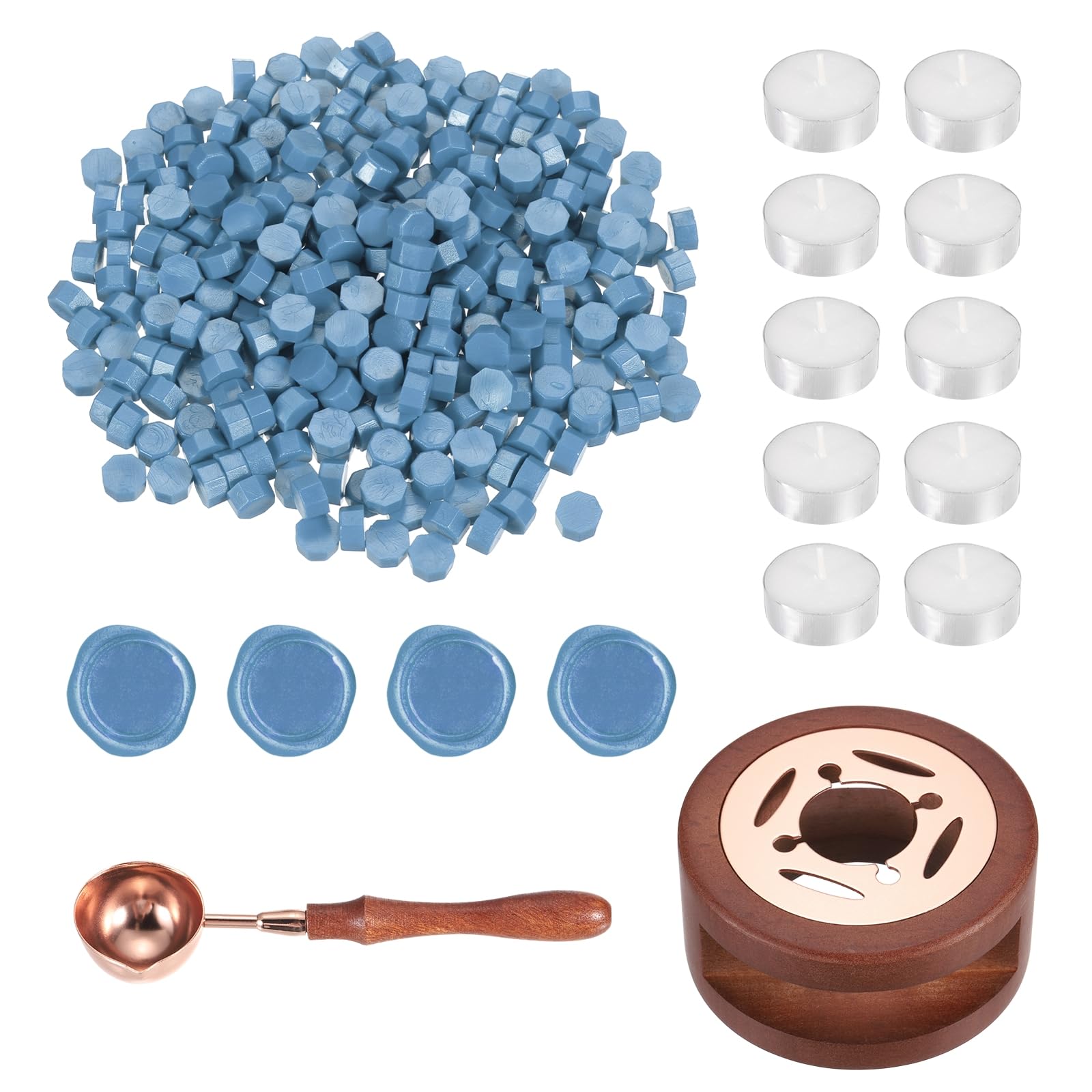 PATIKIL Wax Seal Kit, 300 Pcs Wax Sealing Beads, Wooden Warmer, Melted Spoon, 10 Pcs Tealight Candles for Envelope Letter Mailing Crafts DIY, Smog Blue — image 1