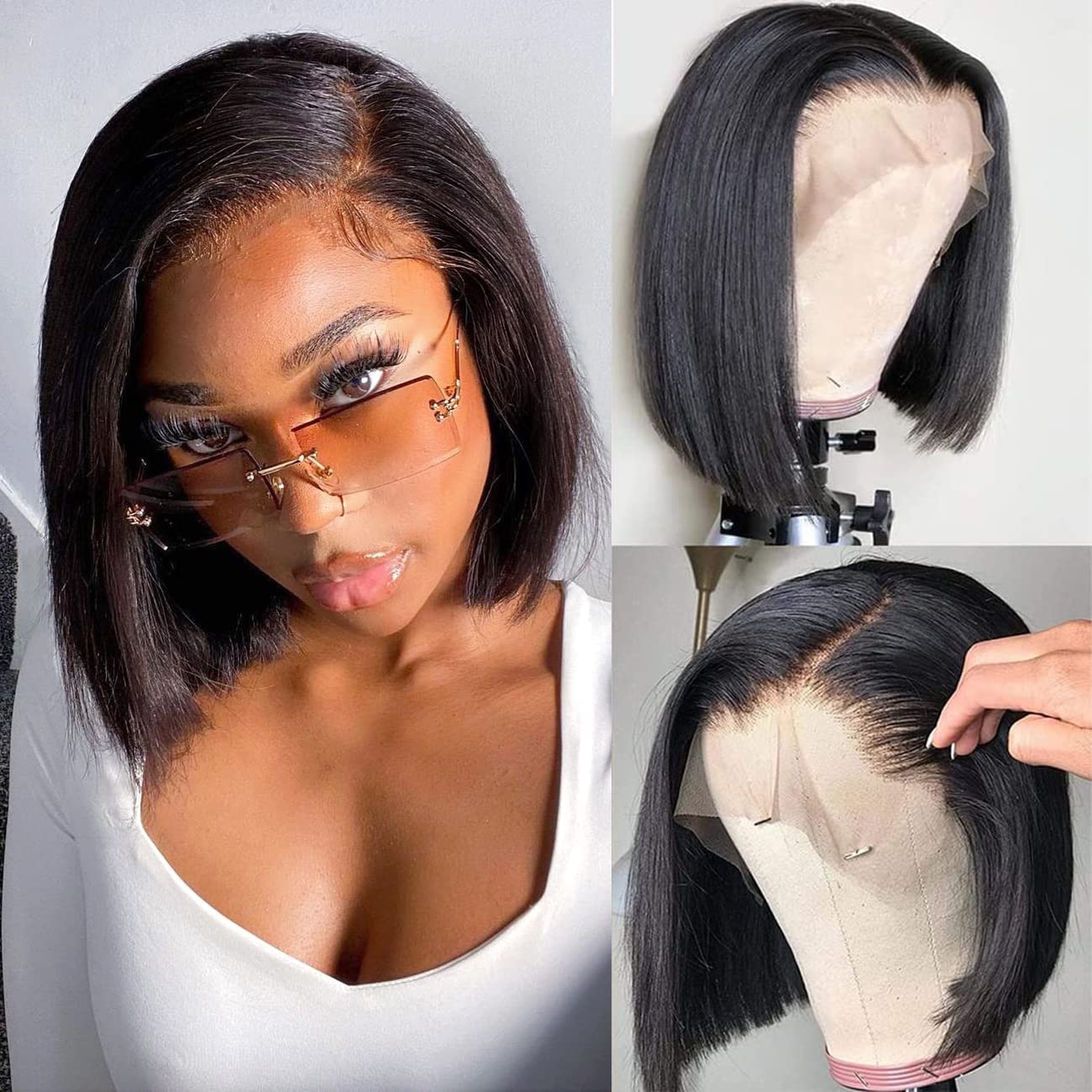 Short Bob Lace Front Wigs 13x5x2 Middle Part Pre Plucked Lace Closure Wigs for Black Women Human Hair with Baby Hair 10 Inch 150% Density 10A Brazilian Virgin Natural Soft Hair