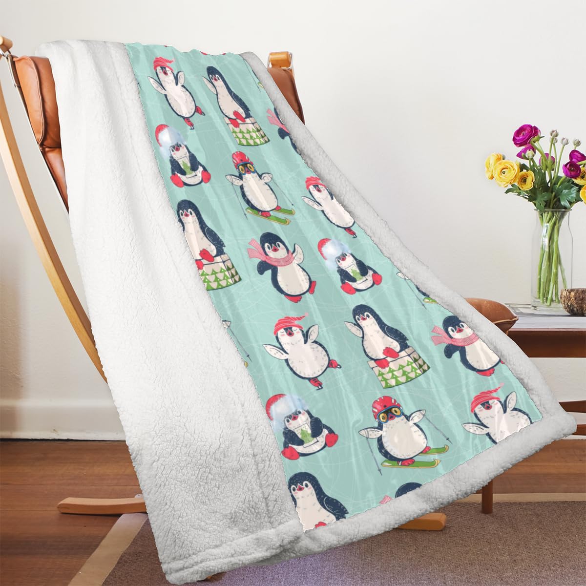 Coperta in pile con stampe di pinguini, super morbida, soffice e accogliente, leggera, comoda e calda, traspirante, per divano, letto, viaggi, casa, 127 x 152 cm