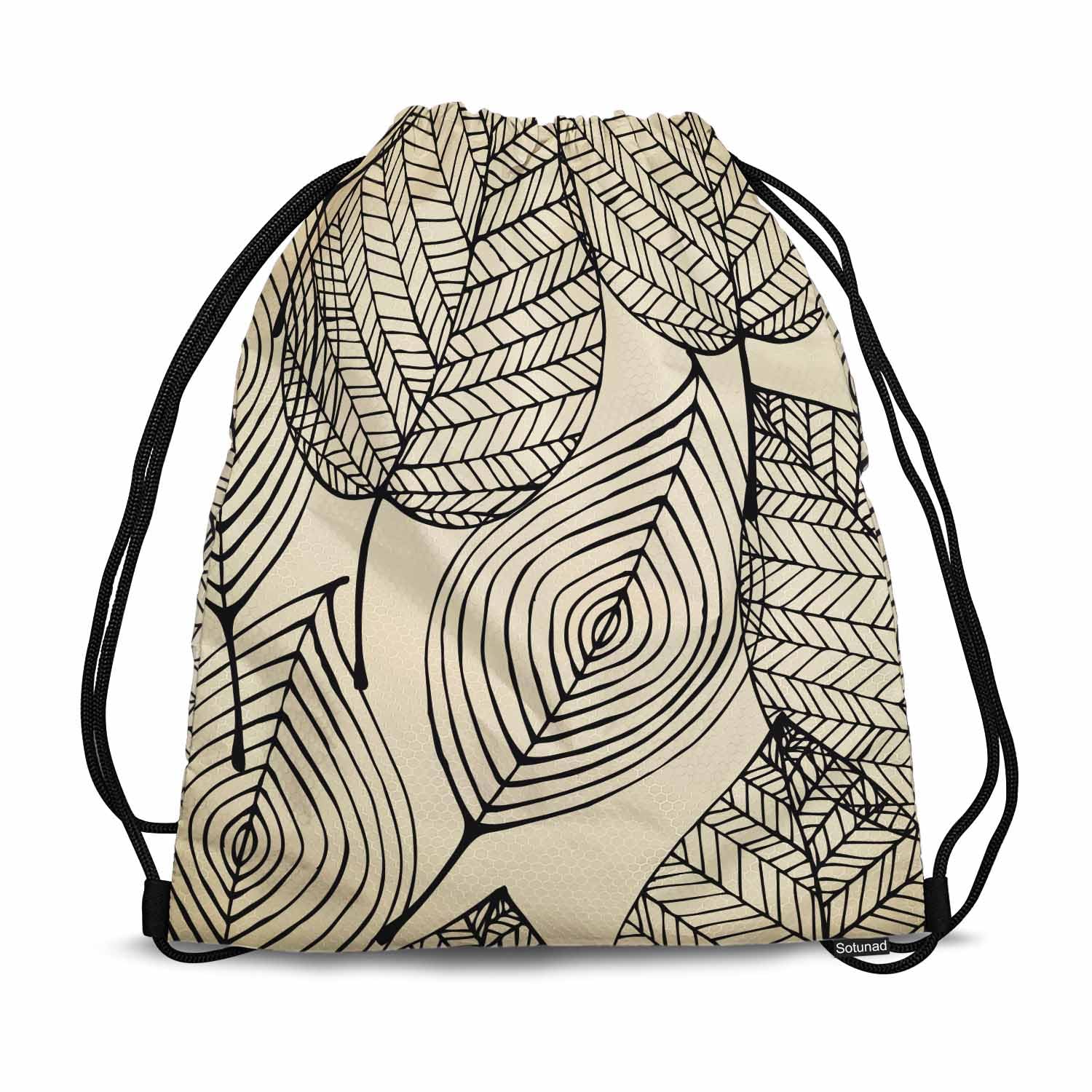 Sotunad Drawstring Backpack Bag Black Texture Leaf Autumn Beige Seamless Stylized Leaf Pattern Lightweight Backpack Soccer Ball Bag Sutiable for