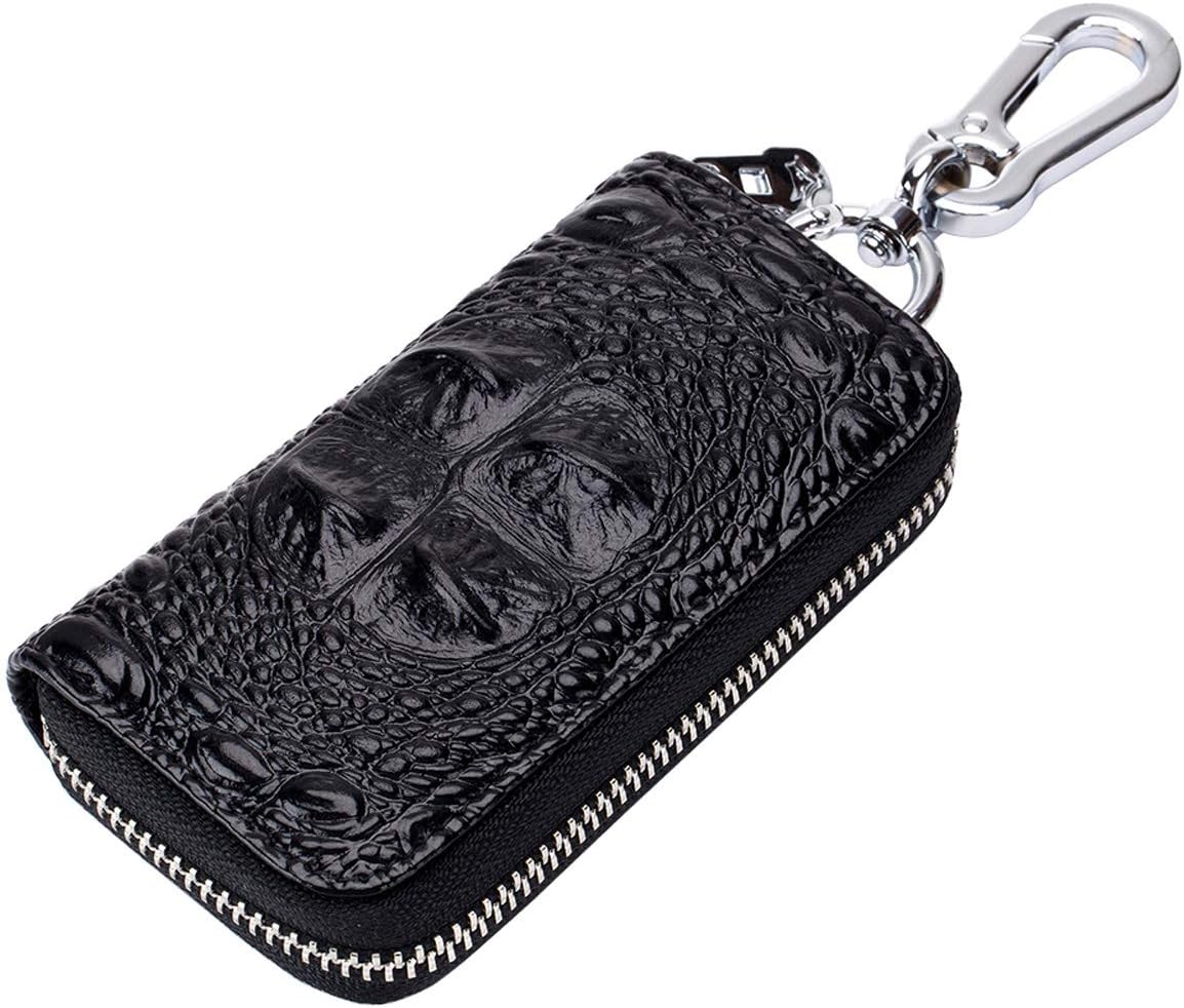 Key Case Wallet Crocodile Leather Key Holder Car Keychain Key Case with 6 Hooks, Card Slots/Car Key Ring/Zipper for Men Women (Black)