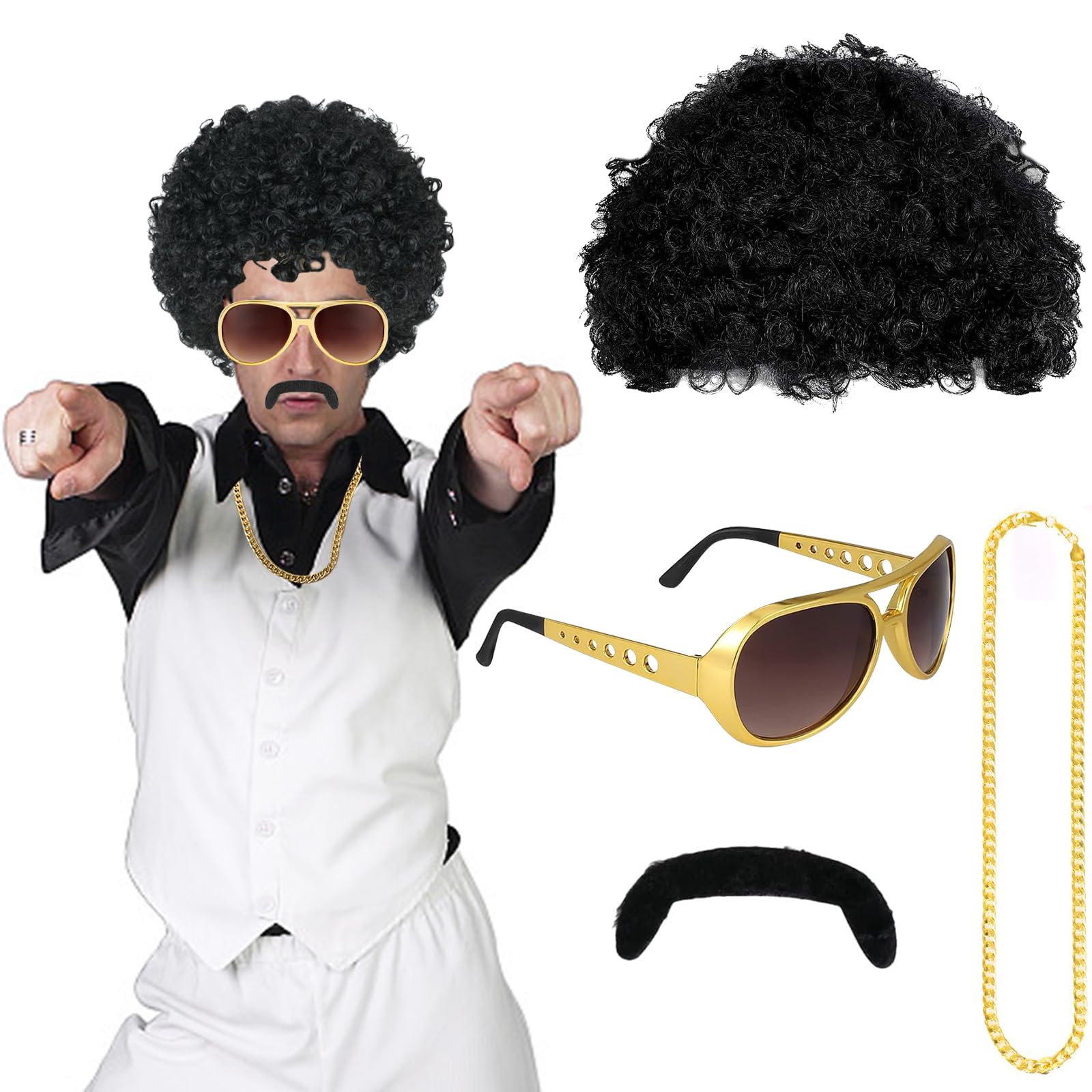 Hyran Hippie Costume for Men - Set of 4 Pieces 70s and 80s with Afro Wig, Glasses, Necklace and Mustache - Costumes for Carnival, Disco Parties, Theme Parties and Halloween, Black/White
