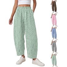 Plaid Barrel Pants Women High Waisted Wide Leg Striped Gingham Pants Casual Baggy Travel Summer Bottom Beach Trousers