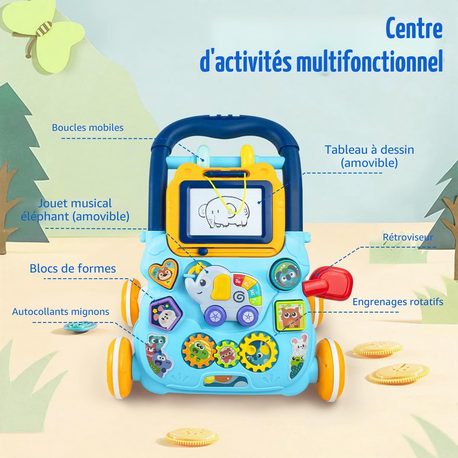 Marcheur D'apprentissage Assis-Debout, Jouet 2 En 1 Pousser pour Bébé avec Musique et Tableau de Dessin, Centre D'activités Éducatives Multifonctionnel pour Enfants Filles Garçons 12M+ (Bleu)