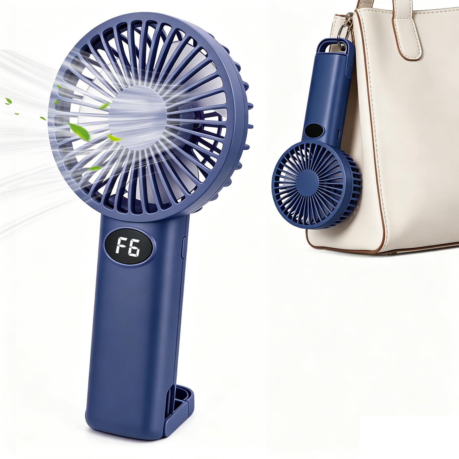 Winsegom Handheld Fan, Portable Fan Usb Rechargeable Fan Dark Blue, 6 Speeds Battery Powered Mini Fan Handheld with Led Display Summer Quiet Desk Fan Pocket for Travel Outdoor Home Office