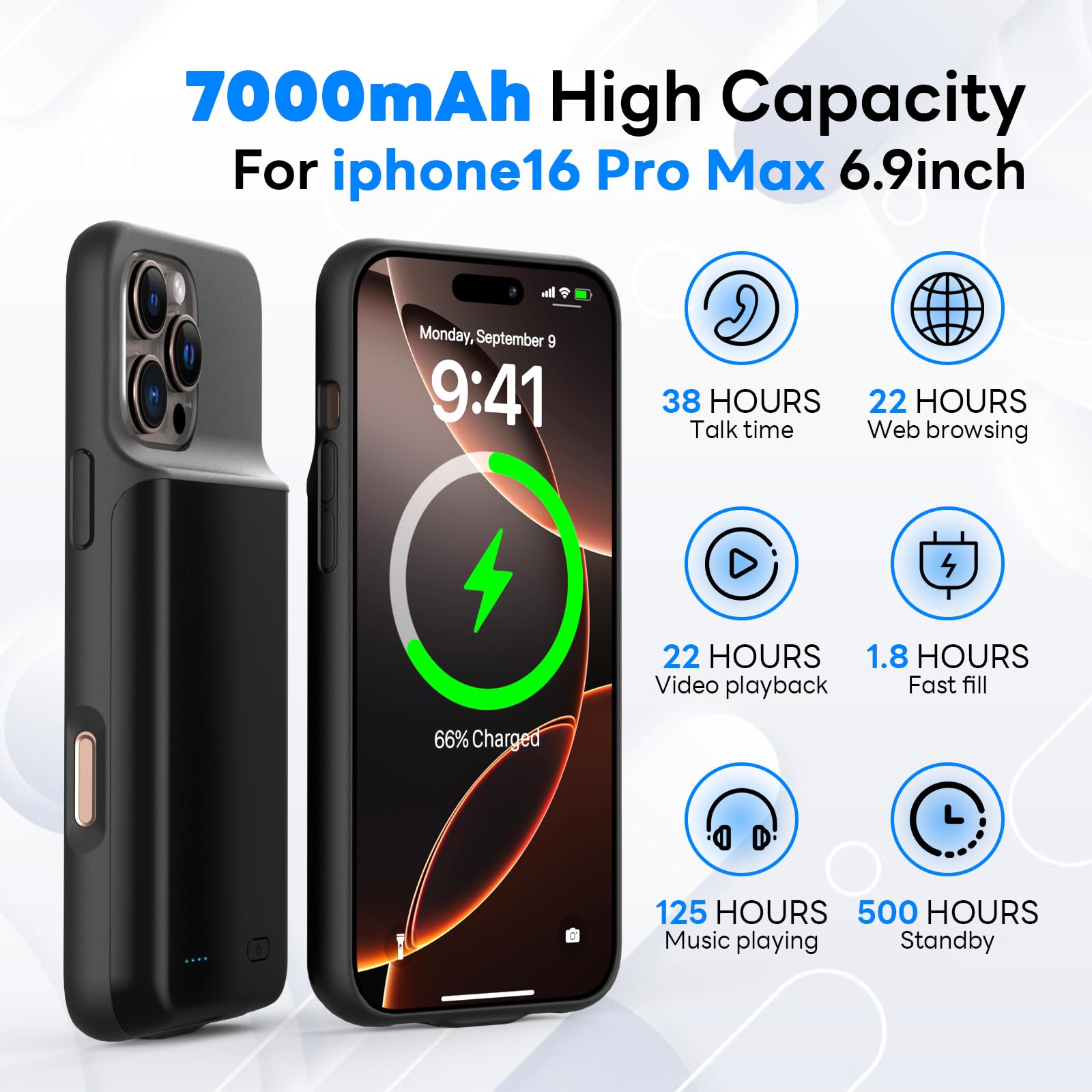 Custodia per batteria per iPhone 16 Pro Max (6,9"), 7000 mAh, ricaricabile, con protezione del carro armato, in vetro, con batteria aggiuntiva, colore nero