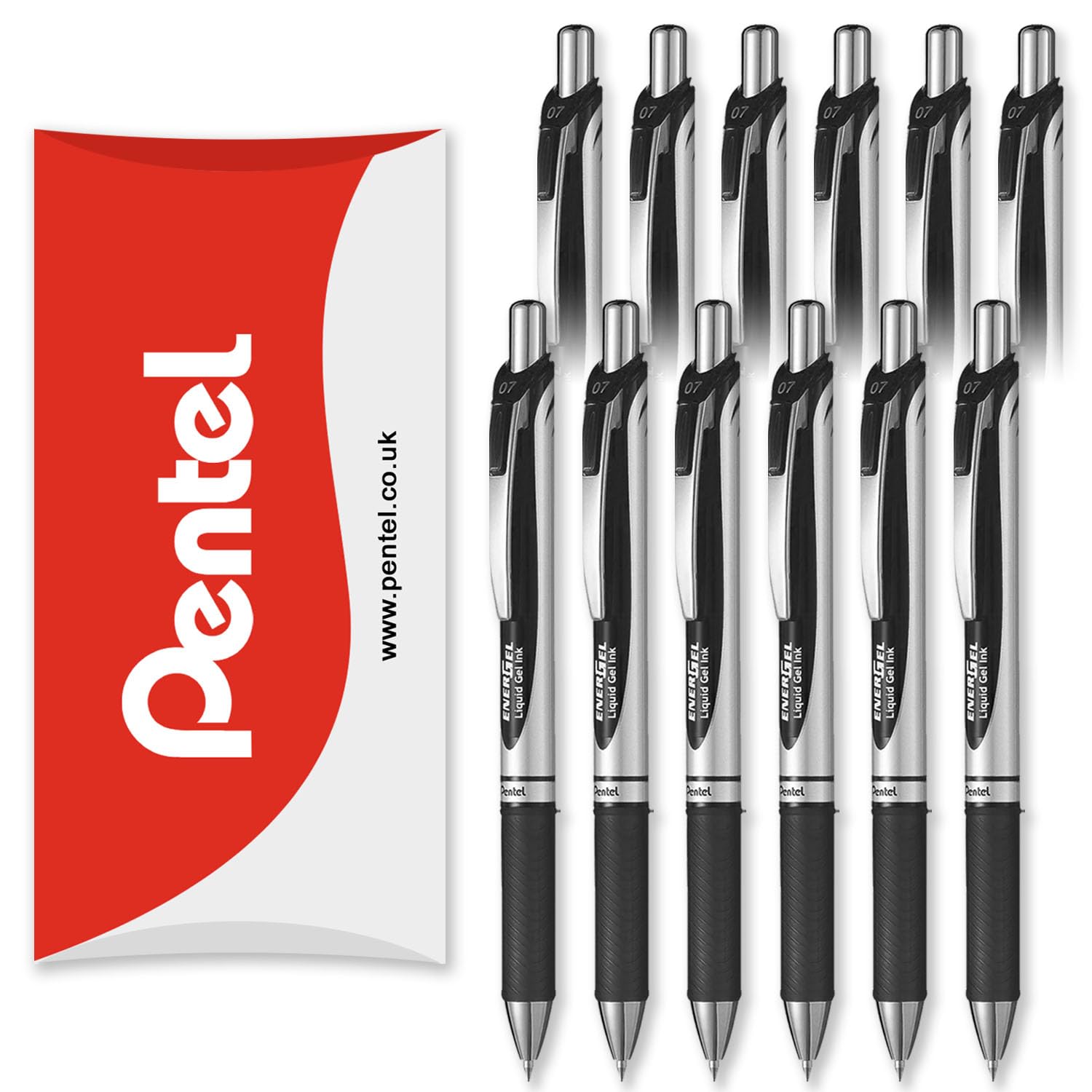 Pentel EnerGel XM BL77 - Retractable Liquid Gel Ink Pen - 0.7mm - 54% Recycled - In Envelope Gift Packaging (Black Pack of 12)