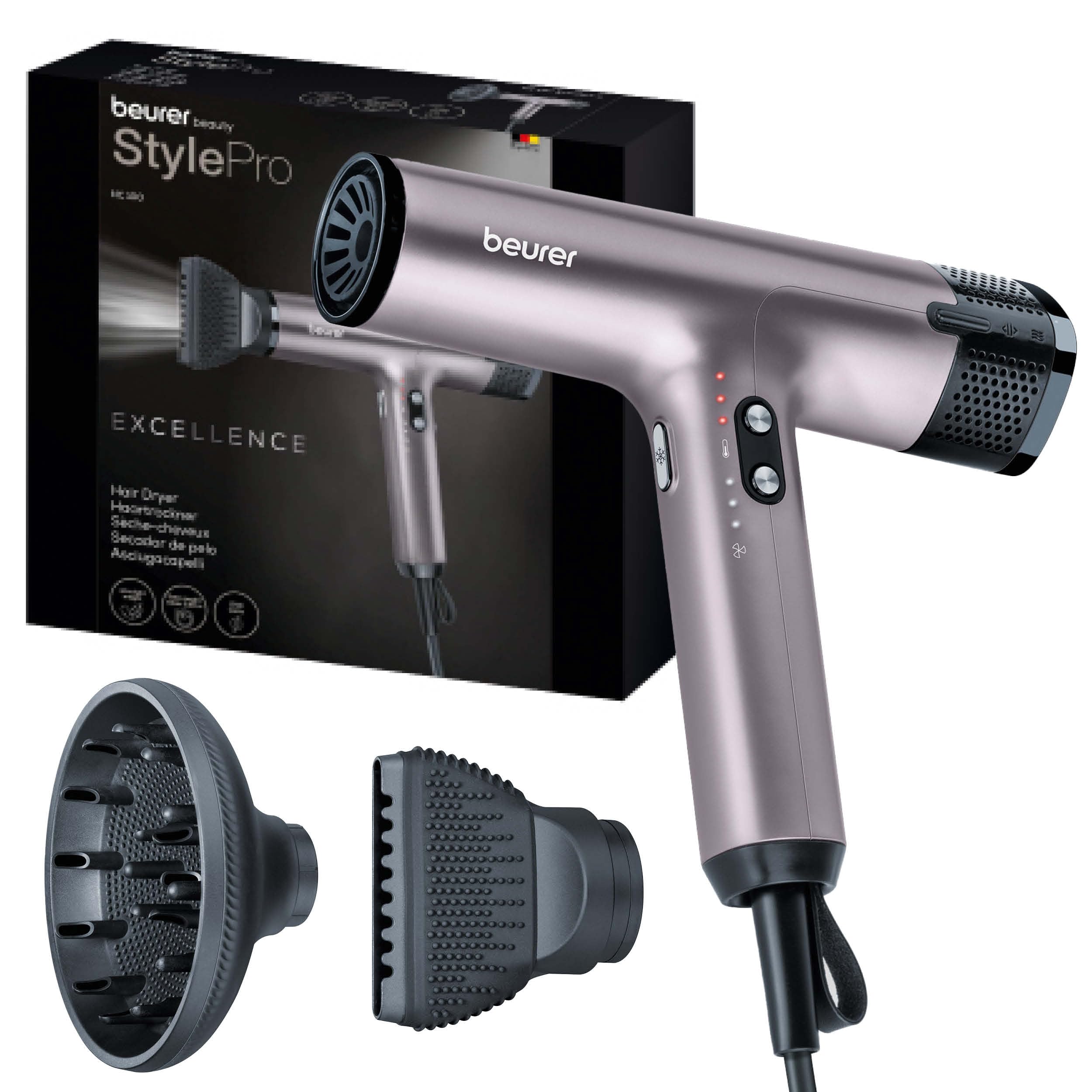 Beurer HC 100 Excellence Sèche-cheveux ionique, puissant et ultra léger, 4 niveaux de température et de soufflerie, séchage rapide et douceur, buse de styling & diffuseur boucle professionnel