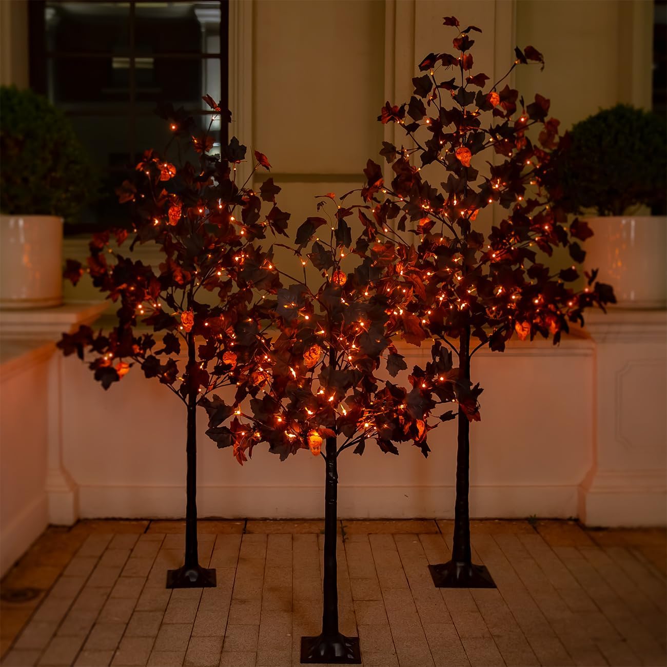Halloween Decor Set – 4ft, 5ft & 6ft Black Maple Trees with 384 LED Lights, 24 Skull Lights & Spiders, Dimmable Timer, 16ft Cord, Indoor & Outdoor Decoration