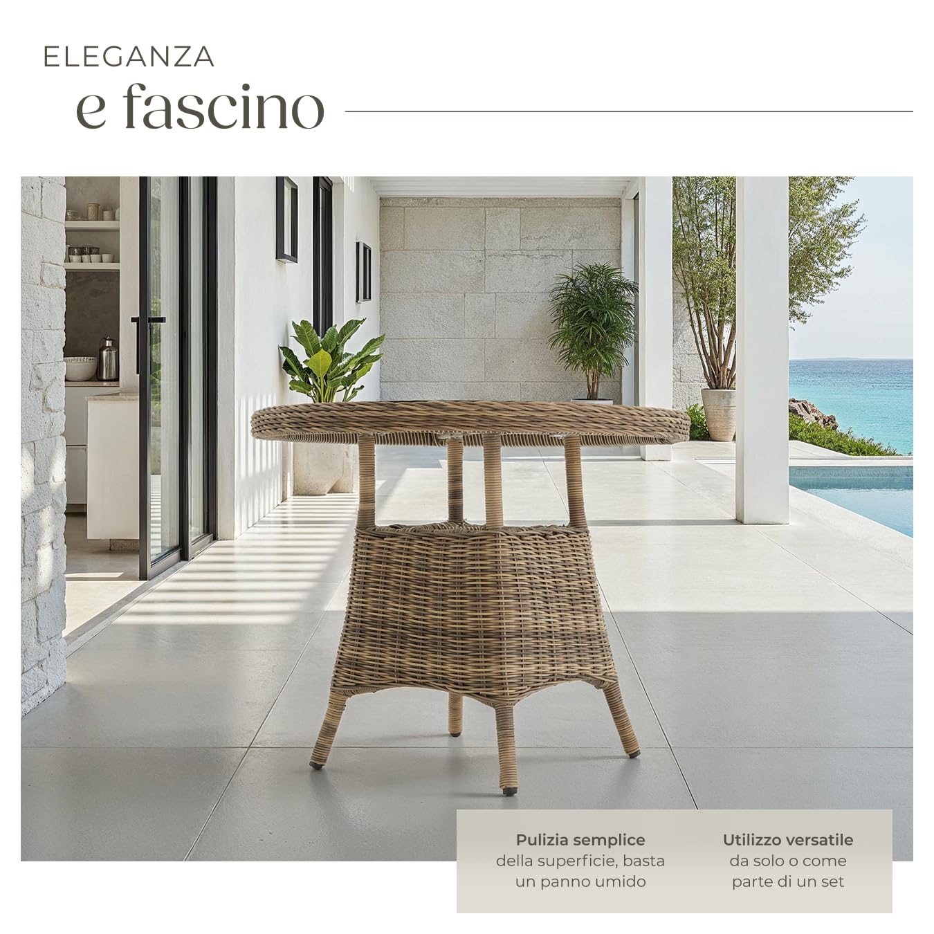tectake®, Grande Tavolo da Giardino Rattan Naturale, Telaio in Alluminio, Resistente alle Intemperie, Tavolo Rotondo, Arredo Giardino, Ideale per Terrazzo e Esterno, Ø 91 cm - Naturale