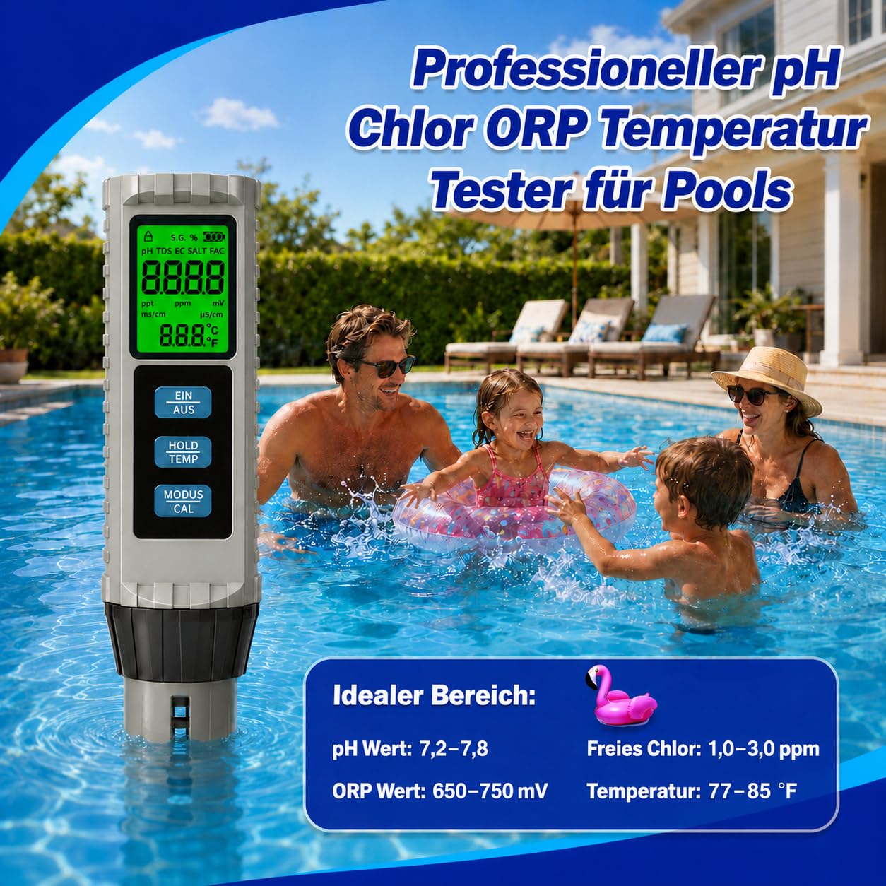 8-in-1 PH Messgerät Wasser, Pool Chlor Messgerät, Digitaler Wasserqualität Tester für pH, TDS, EC, Salzgehalt, S.G., Chlor, ORP und Temperatur, für Schwimmbad, Aquarium, Whirlpool, Trinkwasser