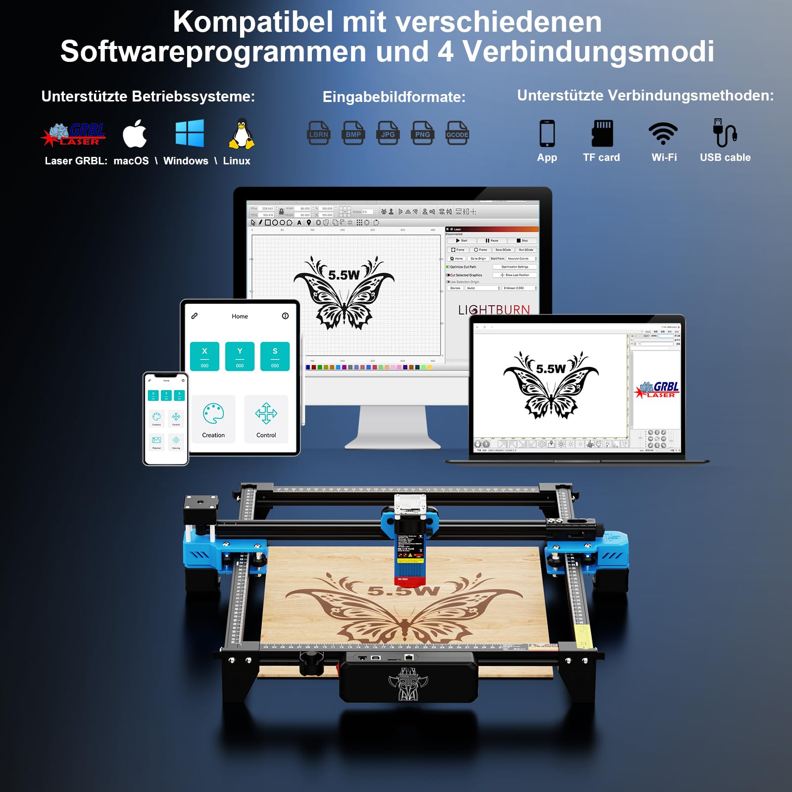 Twotrees TTS 55 Pro Laser Graviermaschine, 5.5W Laser Cutter, 30000mm/min, Offline-Steuerung über App, Graviermaschine Mit Schutzbrille für Holz, Leder, Acryl, 300x300mm Arbeitsbereich