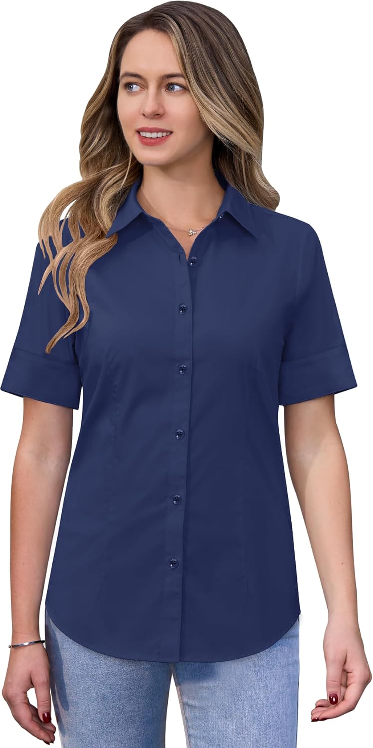 siliteelon Short Sleeve Button Dress Shirts for Women Cotton Button Down Shirts for Women Slim Fit Blouse Top 3/4 Sleeve - Image 6