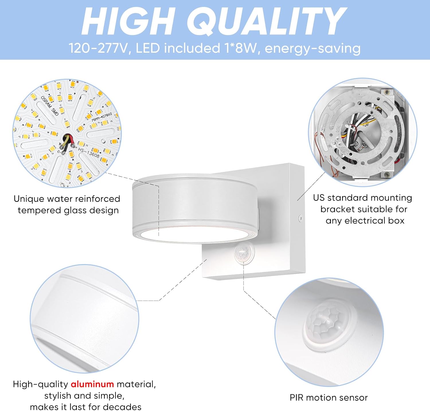 Motion Sensor Outdoor Lights with 3000K/4000K/5000K Adjustable, Aluminum White LED Outdoor Wall Sconce, Modern Outside Exterior Lighting Fixtures for Porch,House, Doorway, Garage,Front