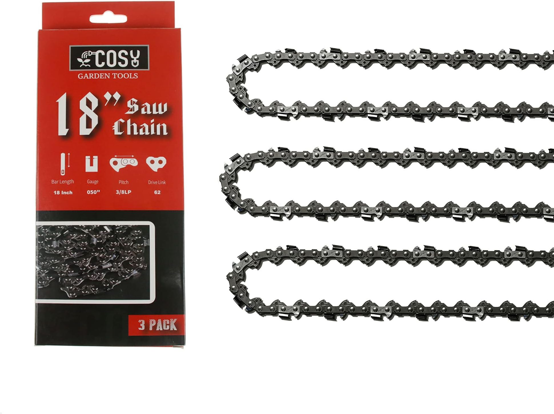 3 Pack 18 Inch Chainsaw Chain, Low Kickback Heavy Duty
