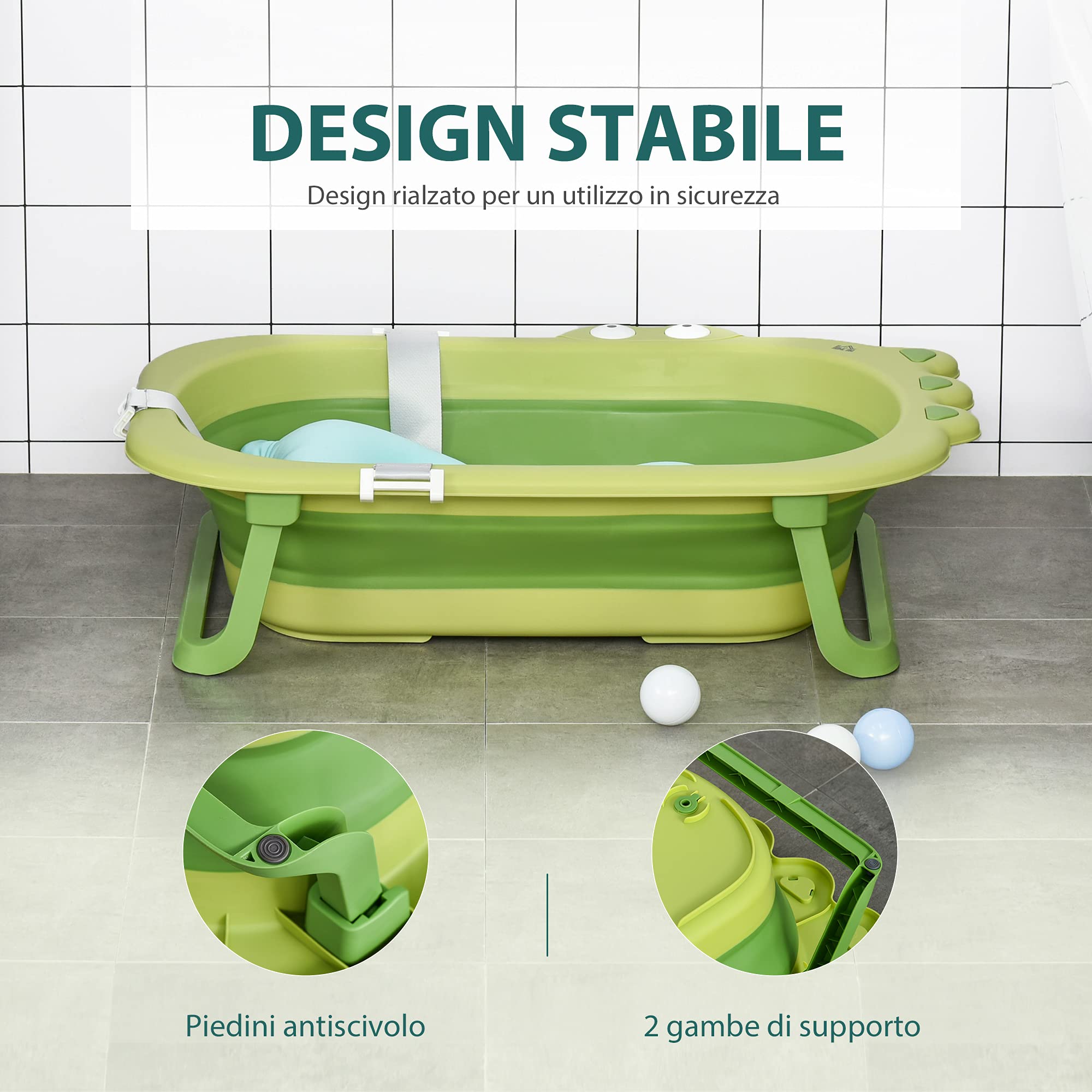 HOMCOM Vaschetta Bagnetto Pieghevole per Bambini 0-3 Anni con Cuscino Regolabile Azzurro e Piedini Antiscivolo, 80x53.9x20.8cm Verde