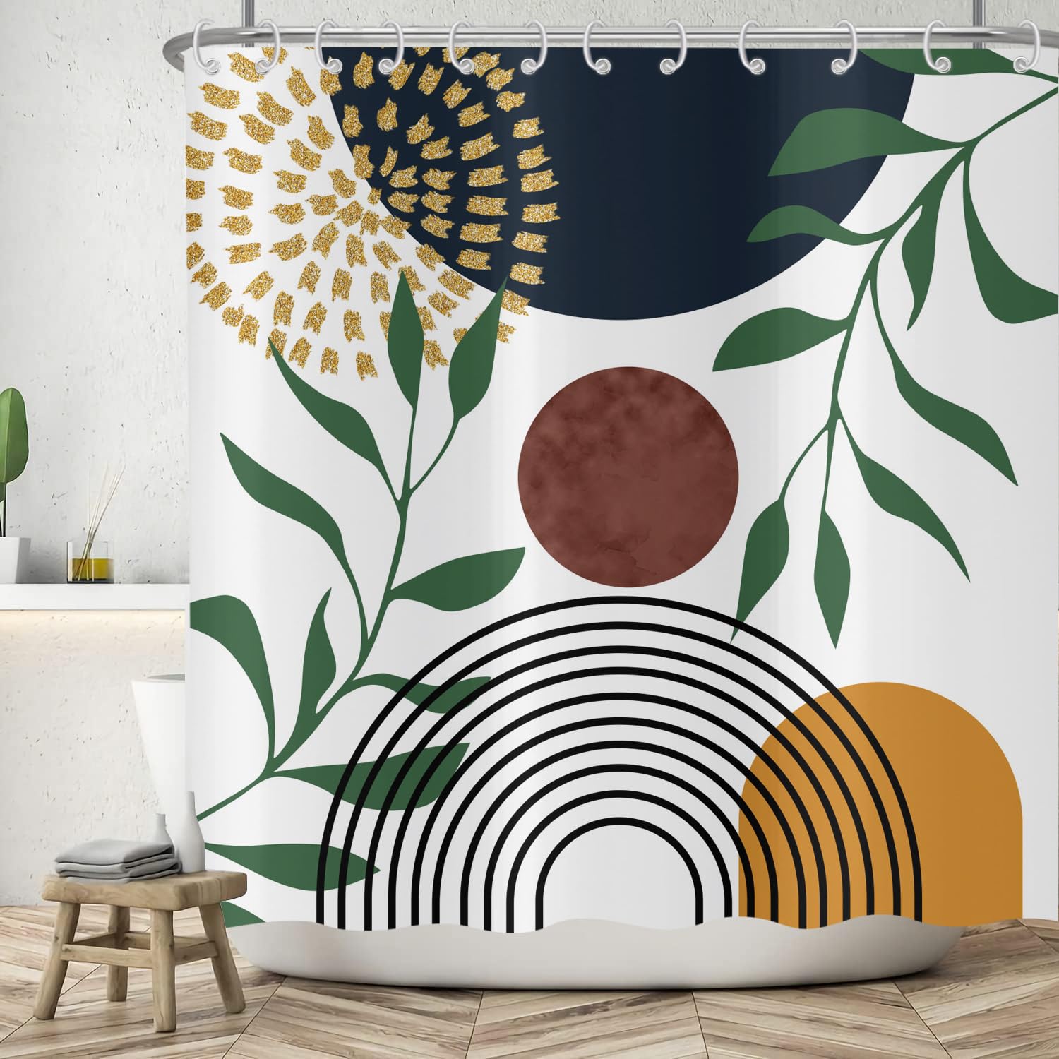 ASDCXZ Boho Shower Curtain 180x220 cm, Modern Abstract Art Boho Style Brown Sun Green Leaves White Bath Washable Shower Curtains Polyester Textile Waterproof Bath Curtain for Bathtub with 12 Hooks — image 1